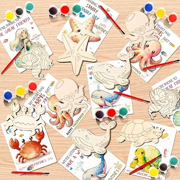xFFFun Valentines Day Gifts for Kids - 28 PCS Sea Animal Painting Kit for Kids with Valentines Day Cards for Kids School Classroom Exchange Gifts, Valentines Party Favors for Boys Girls Ages 4-8
