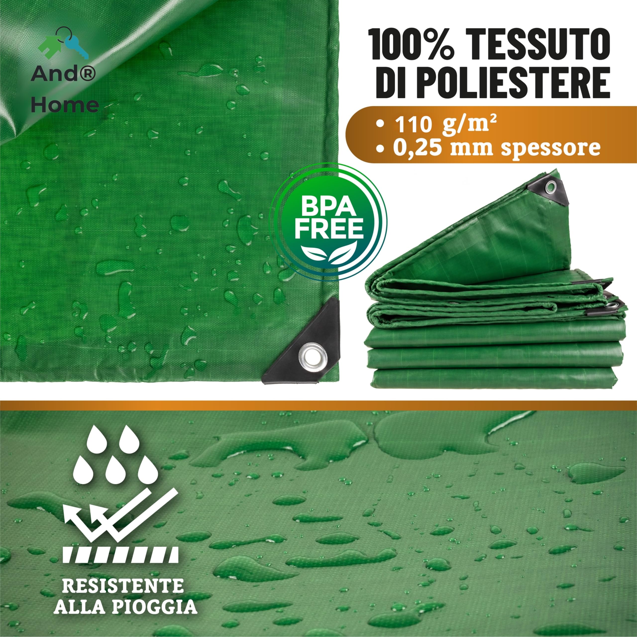 Telo/Telone Impermeabile Esterno - 3x2 METRI - ANTISTRAPPO - DURABILITA' 5 ANNI, Telo Copritutto Senza Elastici Inclusi, Telone Occhiellato Rinforzato, Verde, 110gr/mq