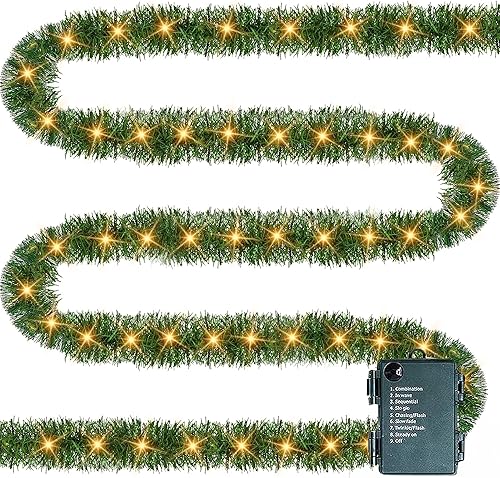 Miniatura 8 de TW SHINE - Guirnalda de Navidad preiluminada de 9,1 m, decoraciones con 100 luces LED, guirnaldas artificiales de pino con 8 modos, guirnalda verde