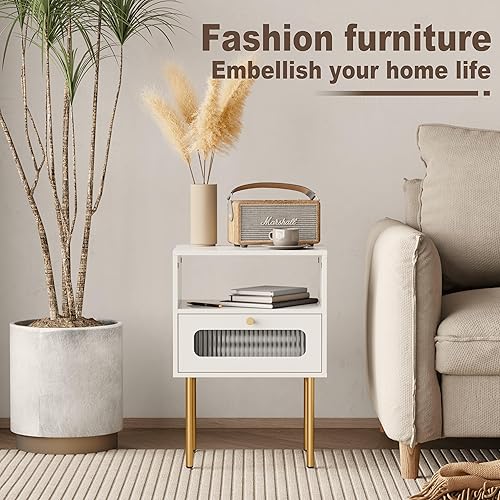 Miniatura 4 de Mesita de noche, mesa auxiliar moderna blanca con cajón de almacenamiento y estante de madera abierto, mesa auxiliar pequeña con puerta decorativa