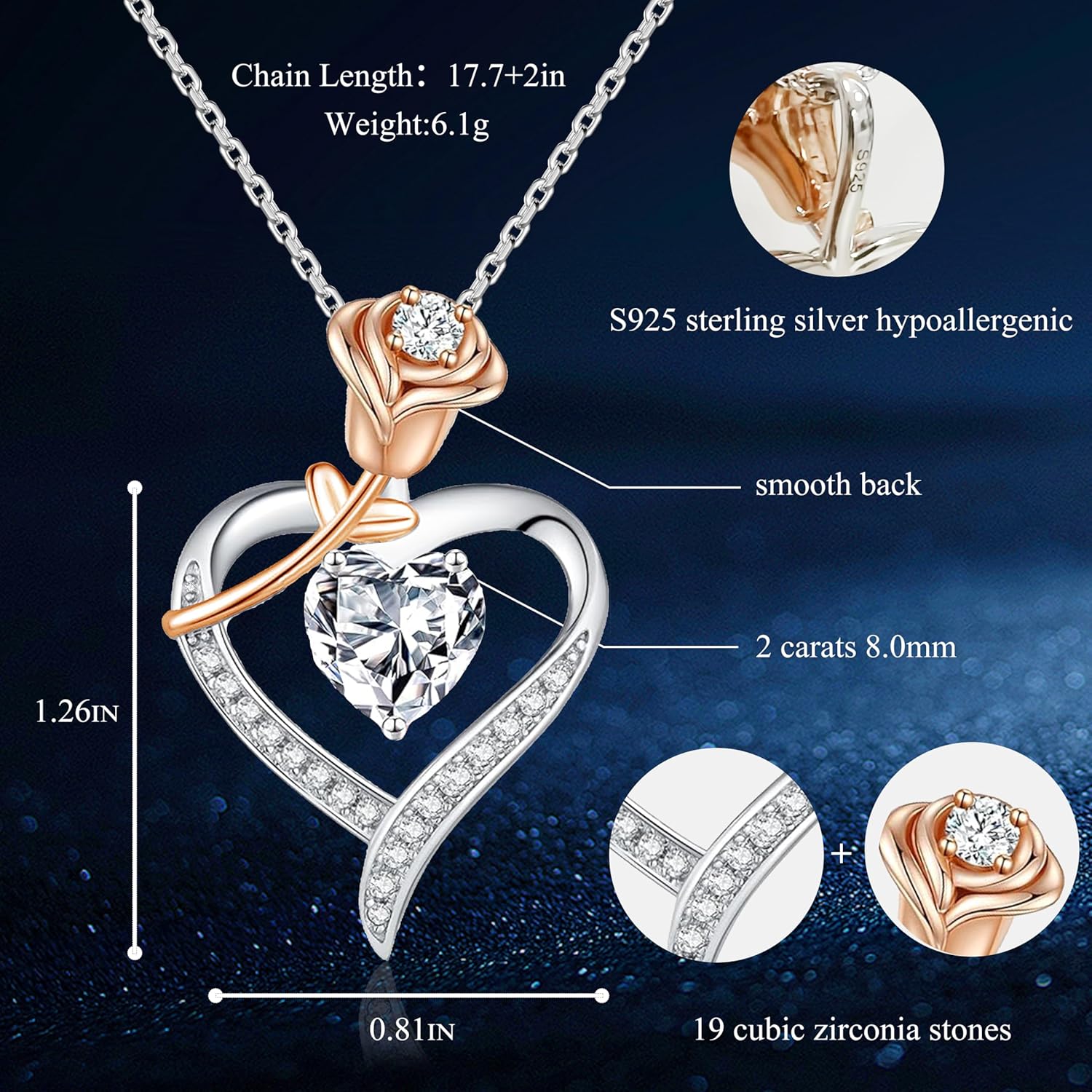 immobird 2 Carat Moissanite Necklace for Wife S925 Silver Rose Lab-Created Gem Heart Necklaces for Women Girlfriend Special Occasions Gifts - Image 5