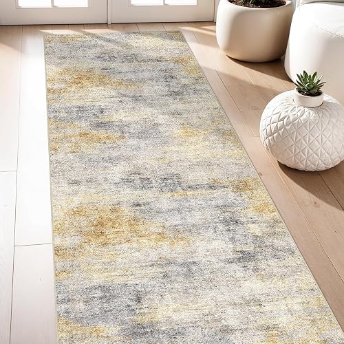 3x7 Runner Rug Washable Abstract Grey/Yellow