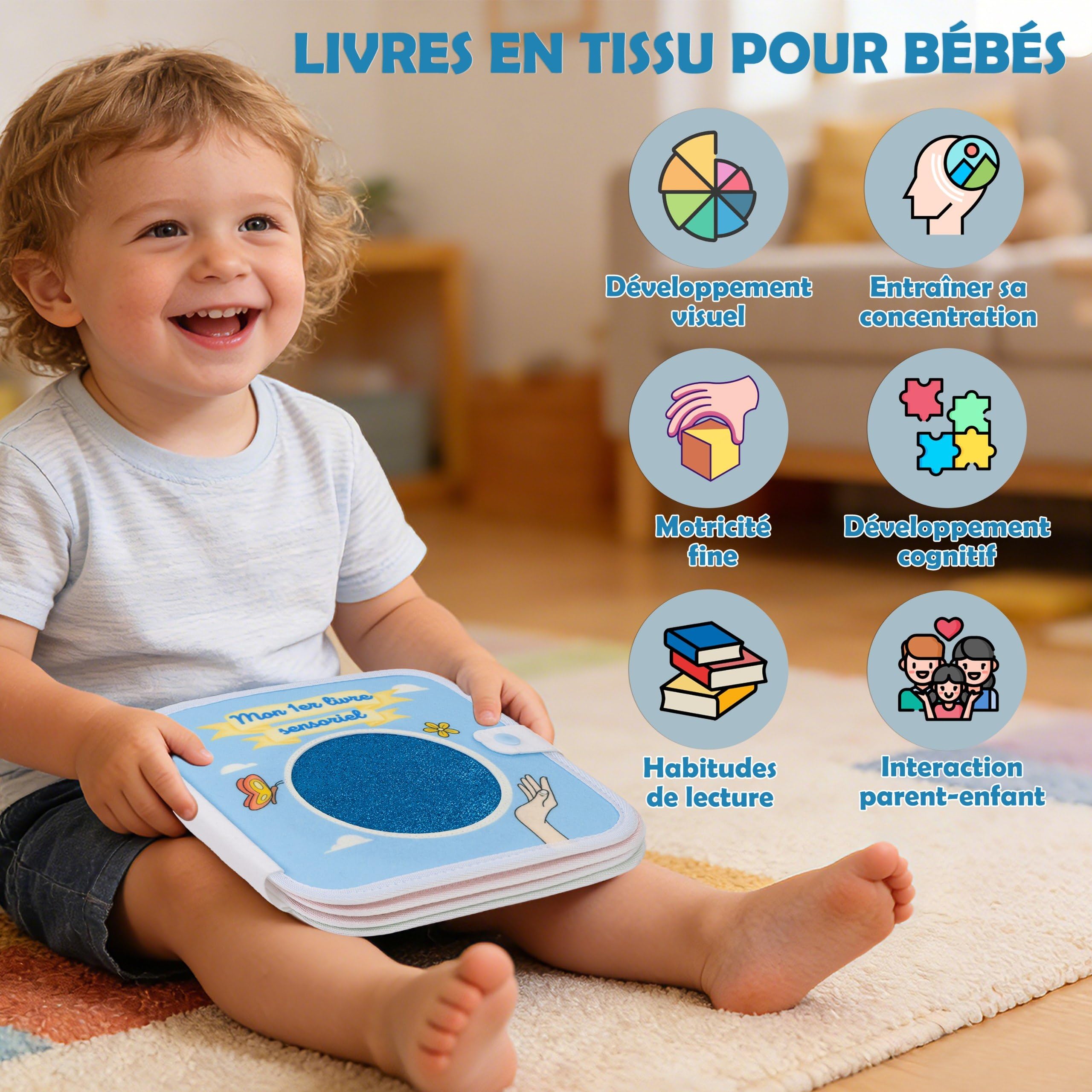 The Little Ones Malin I Livre sensoriel d’éveil Montessori de motricité fine en français pour bébé de 1 à 3 ans, cadeau pour fille et garçon busy board avec animaux, textures et pages en couleurs.