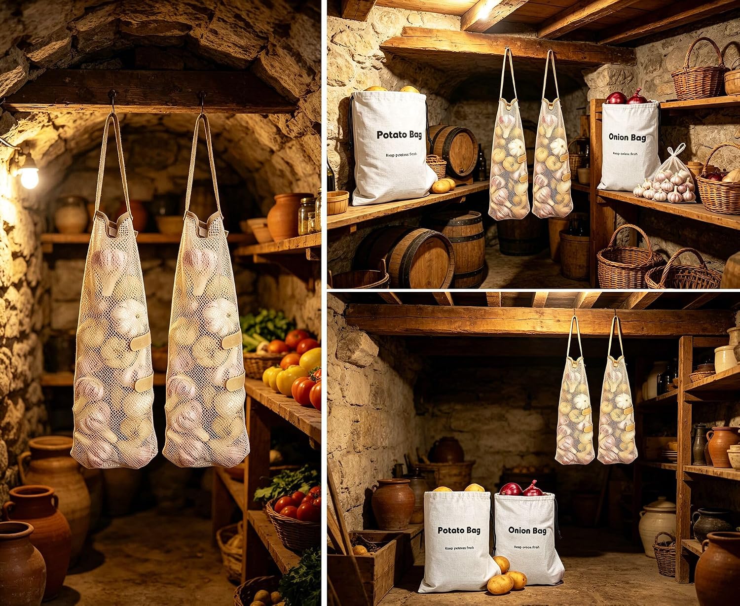 Ahyuan Potato Onion Vegetable Storage Cotton Bags with Black Non-woven Liner Design and Hanging Mesh Storage Bag for Potatoes and Onions image 5
