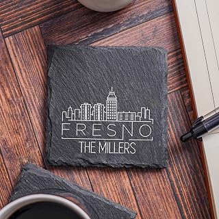 Blue Ridge Mountain Gifts - City Skyline Coasters, Set of 4 - Fresno CA Personalized Slate Coasters with a Contemporary Skyline Design, Customize with Names