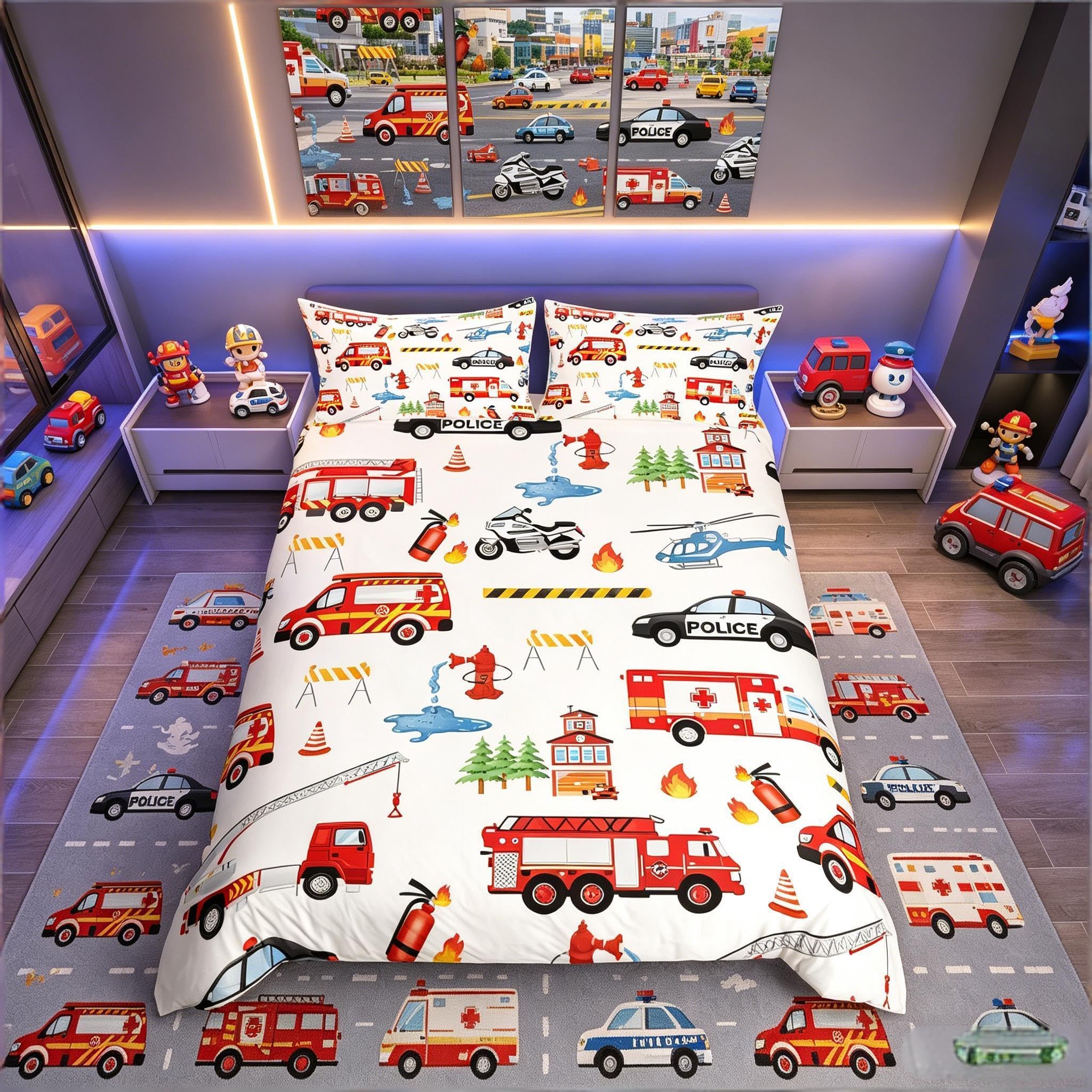 Homemissing Youth Police Car Model Duvet Cover King Boy Fire Truck Bedding Set Motorcycle And Airplane Bedding Children'S Transport Car Printing Bedding