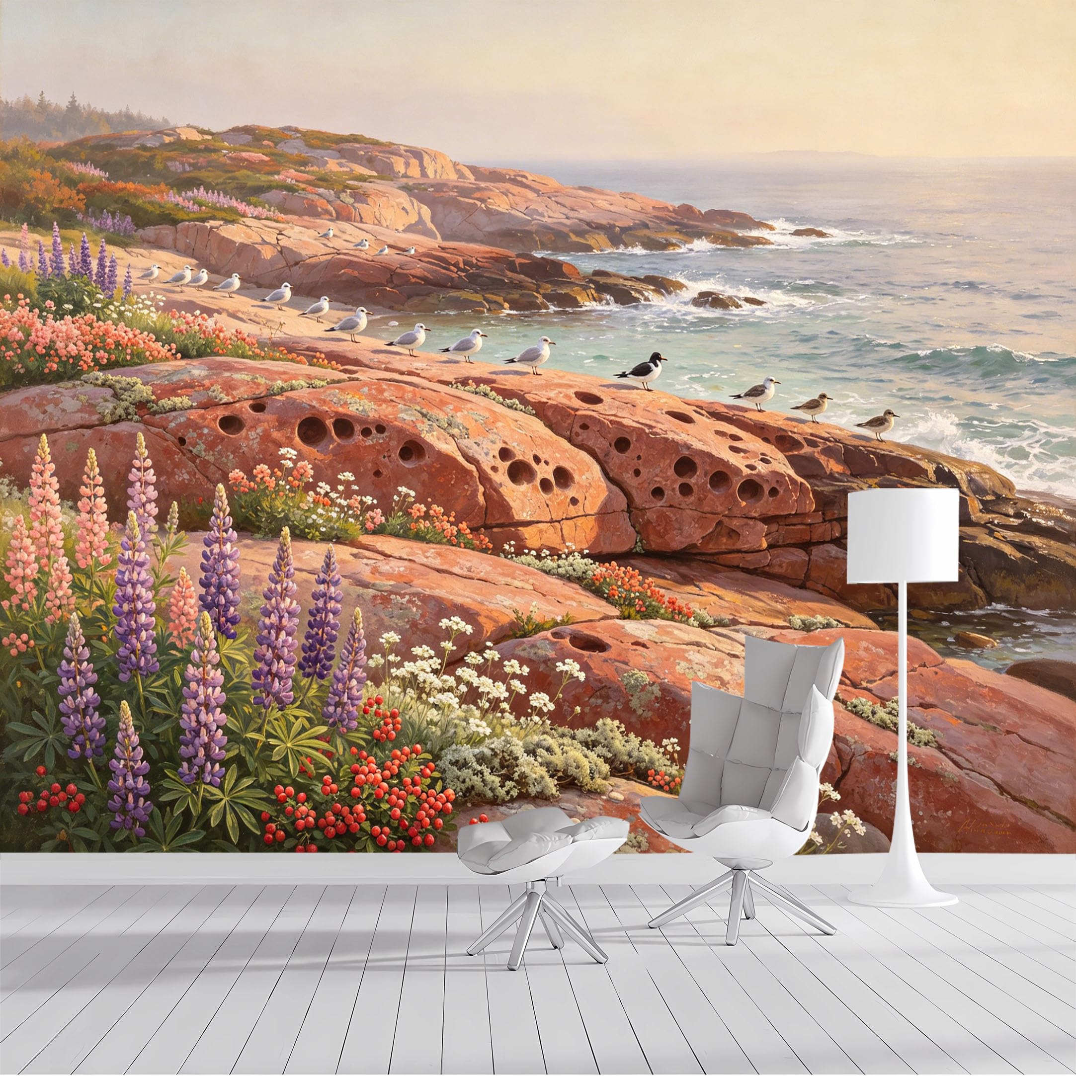 Custom Size Wall Mural Coastal Seascape Rocky Shoreline Oil Painting Seagulls Lupin Flowers SelfAdhesive Wall Fabric Removable Peel and Stick Wallpaper for Living Room Bedroom Bathroom