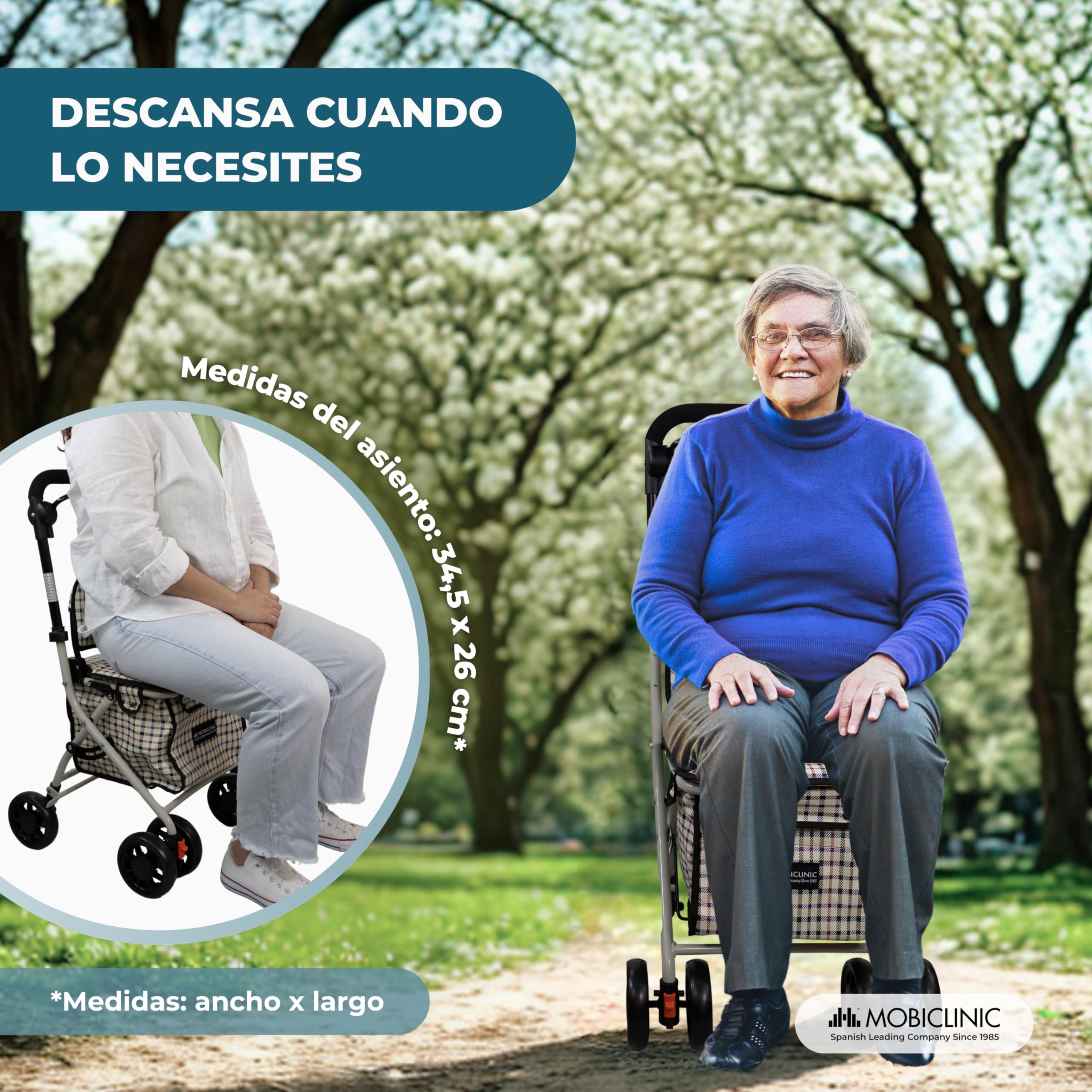 Mobiclinic Andador Plegable Carro de la Compra con Asiento Coliseo Acero Ruedas 360º