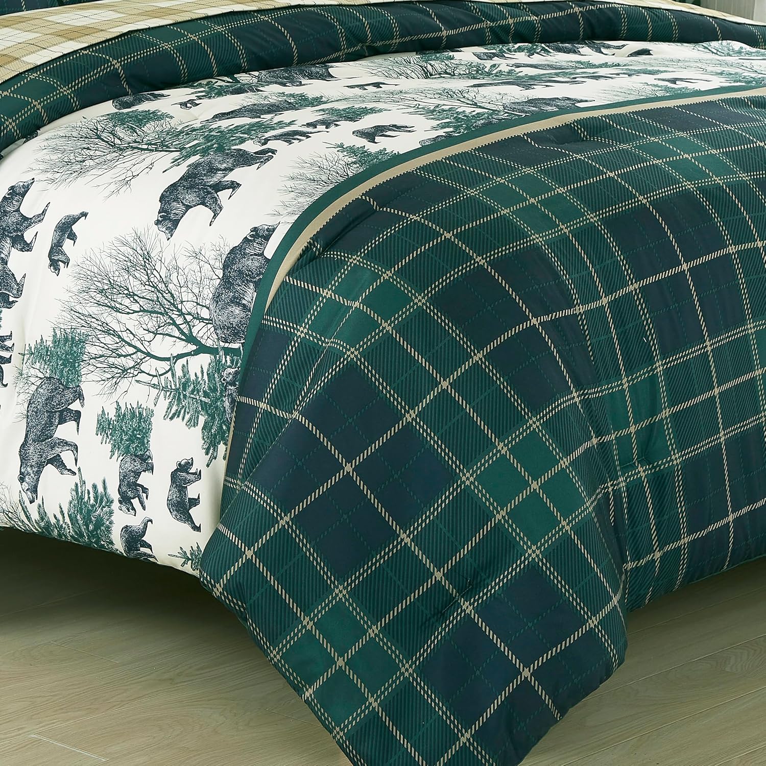 Chezmoi Collection Alpine 7-Piece Northwest Cabin Lodge Bed in a Bag Queen Comforter Set - Blue Green Ivory Tan Grizzly Bear Pine Tree Wilderness Printed Microfiber Bedding Set