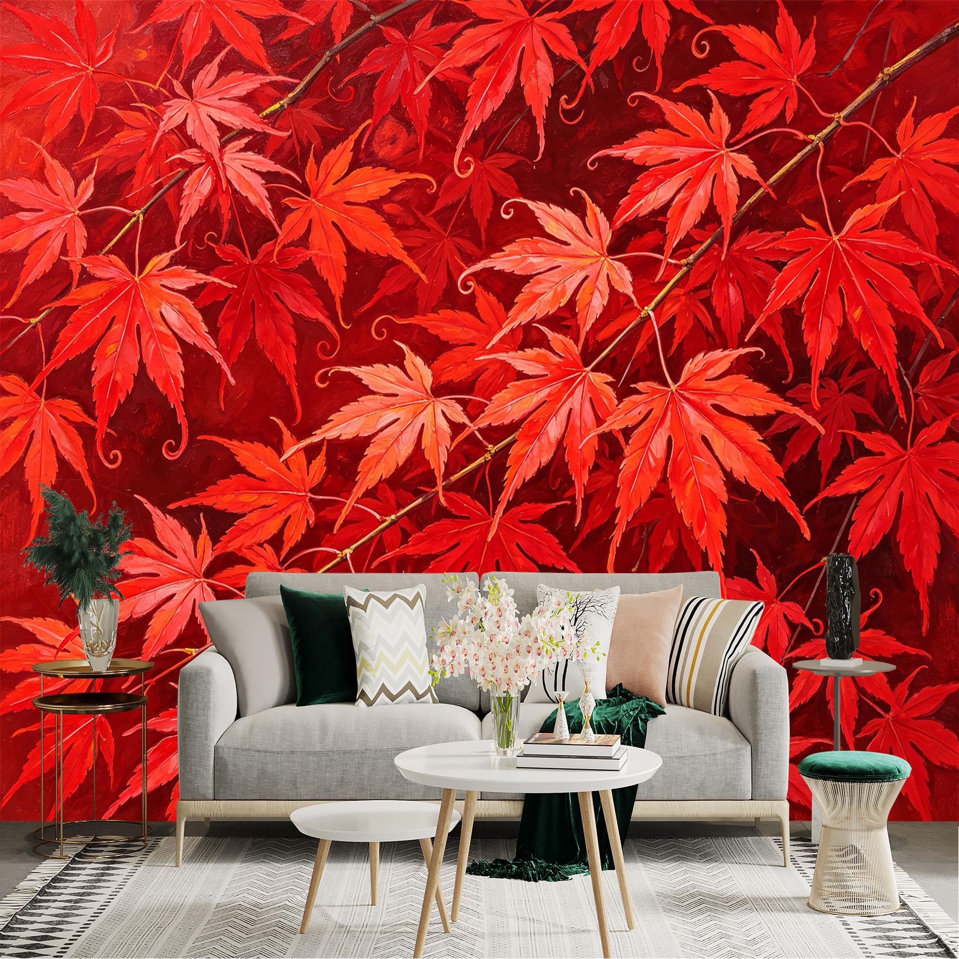 Lnzczhyre Dbh260521156 Custom Size Wall Sticker Mural， Vibrant Red Maple Leaves， Autumn Nature Foliage， Elegant Botanical Art， Forest Seasonal Theme， For Wall Decoration， Peelandstick Wall Decals.