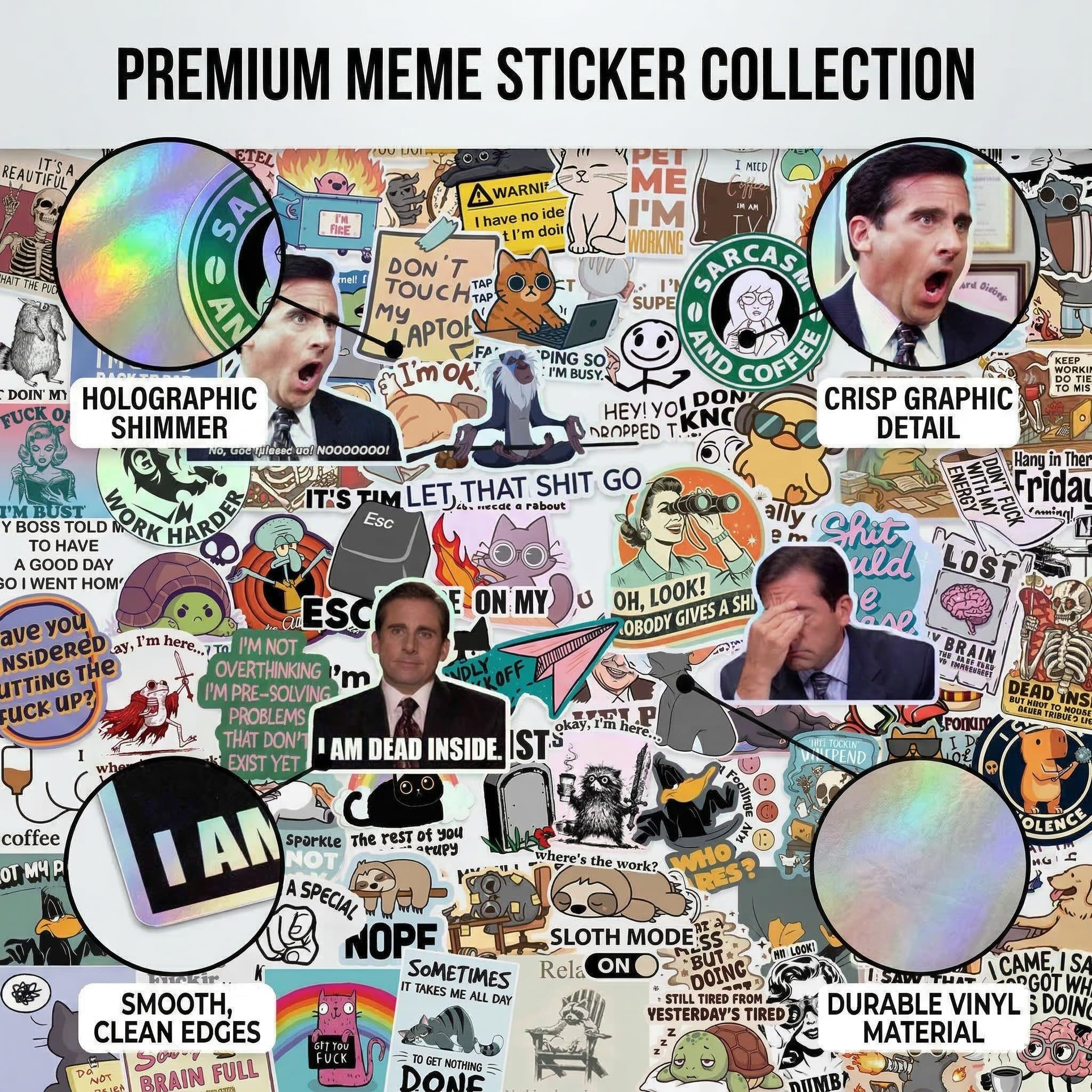 100 adesivi meme olografici, stampa HD, adesione senza residui, stickers serie tv, sticker divertenti, adesivi decorativi