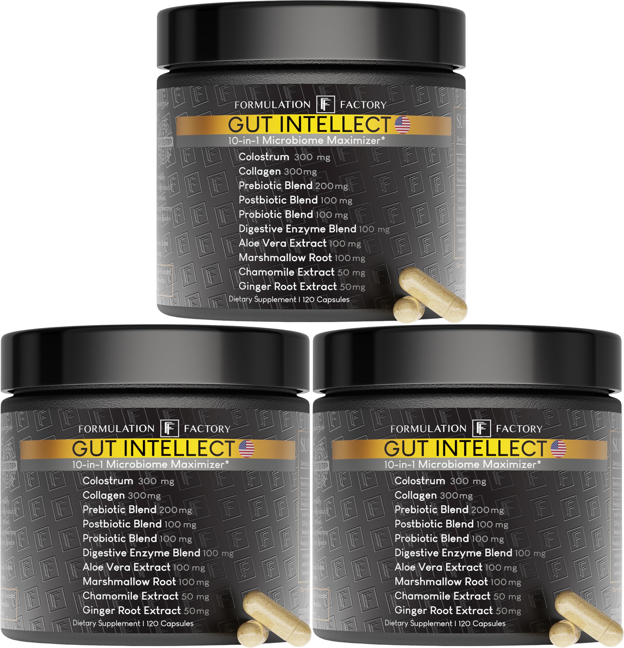 Formulation Factory Gut Intellect 10-in-1 Microbiome Supplement, Prebiotics, Probiotics, Postbiotics, Colostrum, Collagen, Aloe Vera, Chamomile, Ginger, Enzymes, Digestive, 360 Cap (3 Pack)