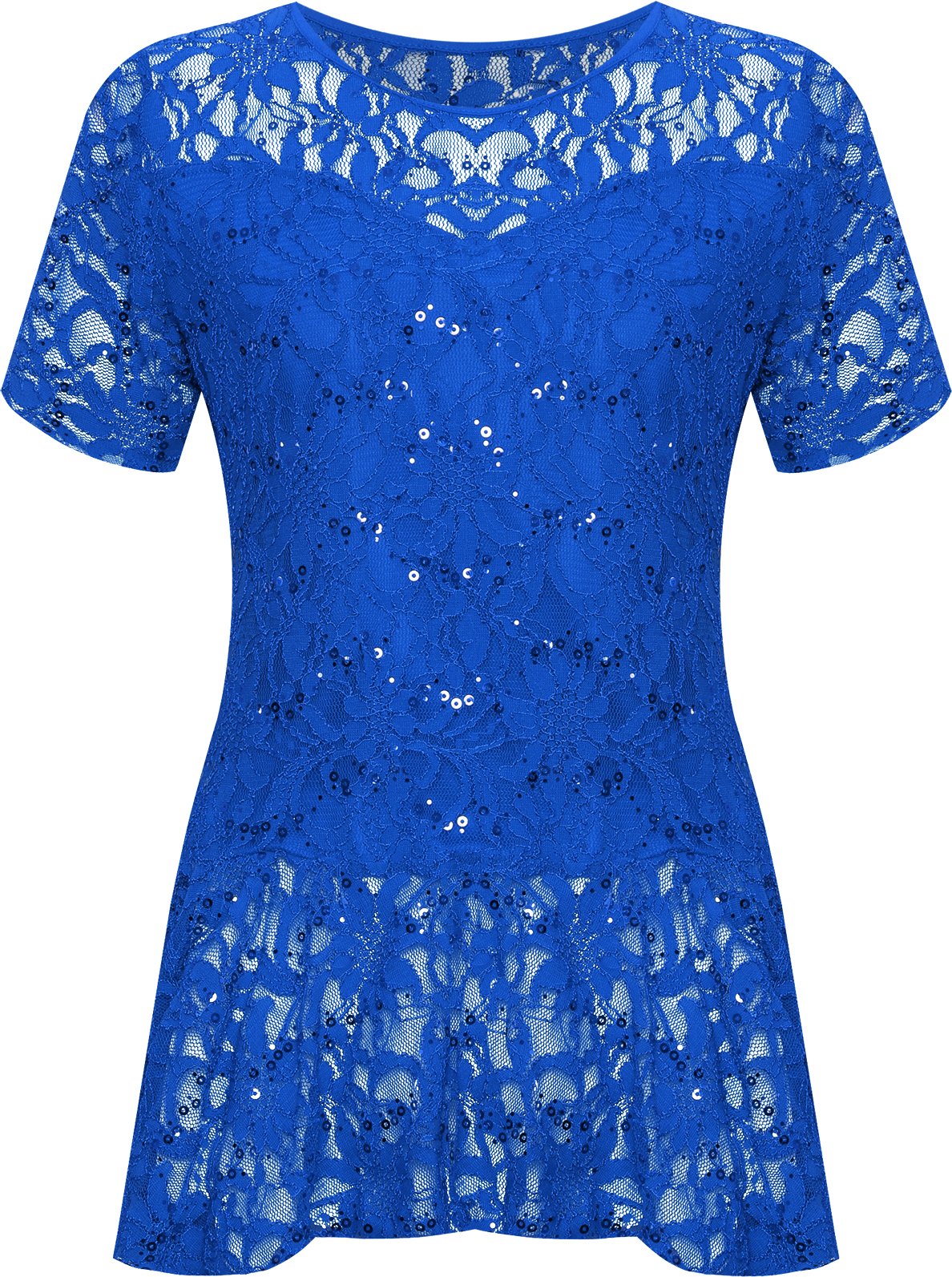 GOSTYLES® Womens Lace Sequin Short Sleeve Peplum Frill Top, Ladies Soft Stretchy Evening, Party, Casual Wear Stylish Elegant Blouse (Royal Blue, 16)