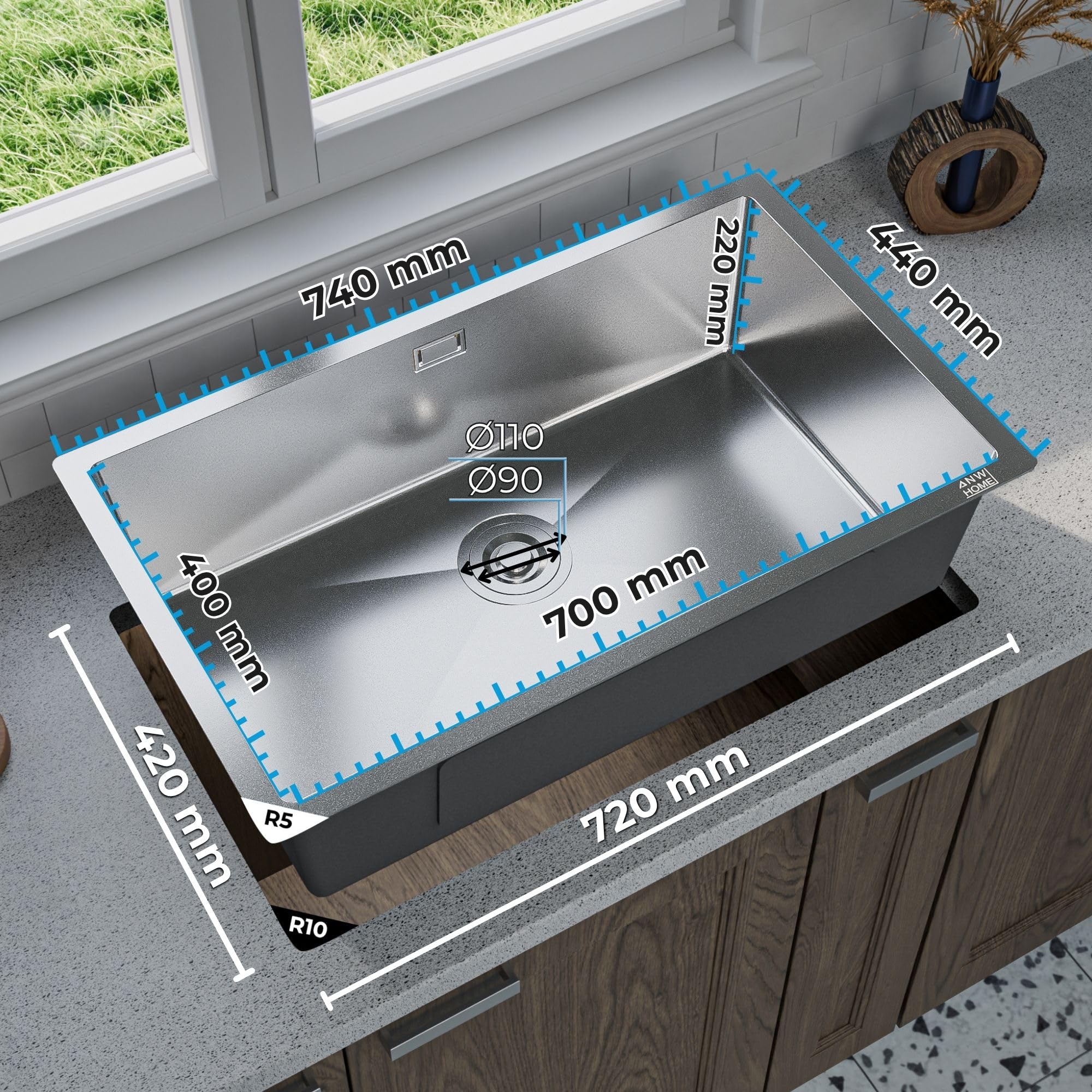 ANW HOME Evier Cuisine 1 Bac 74x44 cm, Inox | Encastré/Sous Plan, Revêtement Nano, Épaisseur 3.0+1 mm, Profondeur 22 cm, Avec Siphon