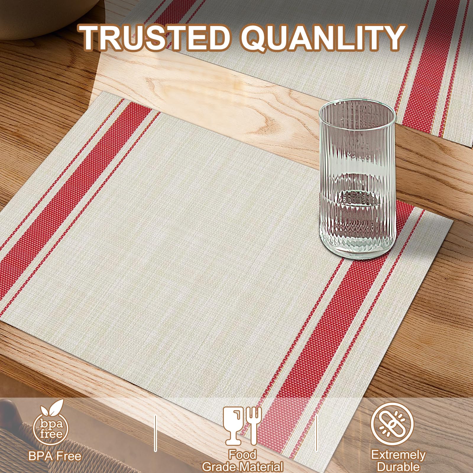 BETEAM Placemats Set of 6 Woven Vinyl Placemat for Dining Table Washable Wipeable Kitchen Place Mats Durable Indoor Outdoor Table Mats -02 Red, 6 Pcs