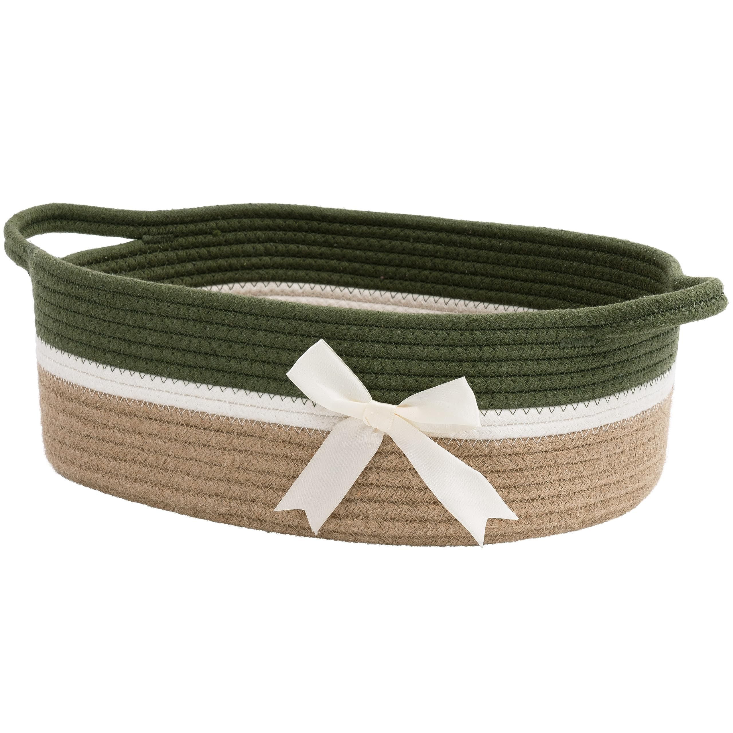 TIMEYARD Aufbewahrungskorb, Geschenkkorb Leer, Baumwolle Organizer für Handtücher, Snacks, Hundespielzeug, Korb Geflochten, Deco Korb für Kinderzimmer, 33 x 25 x 12 cm, Grün und Weiß