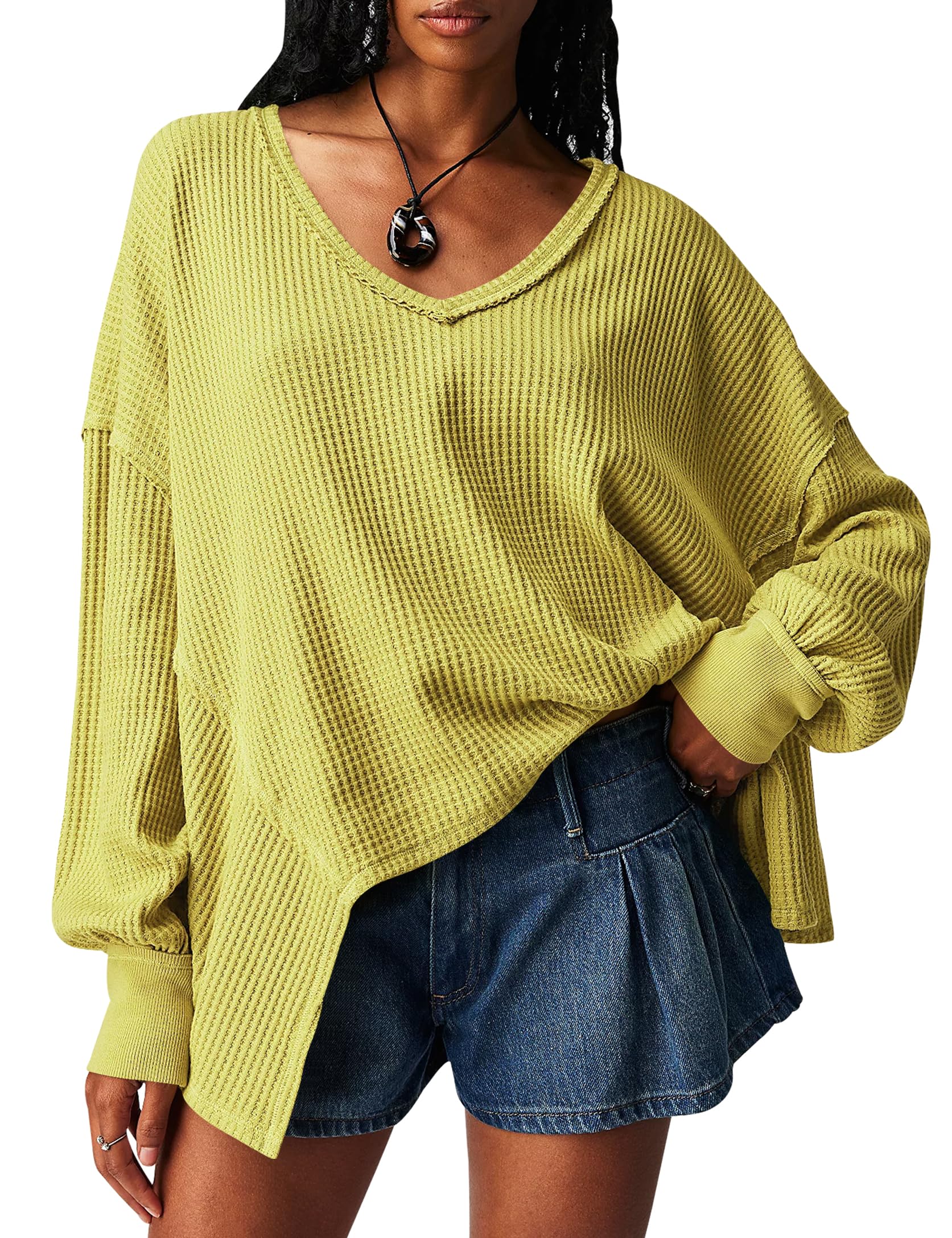 UgerlovWomen's Waffle Knit Tops Long Sleeve Shirts V Neck Oversized Pullover Sweatshirt Casual Loose Top