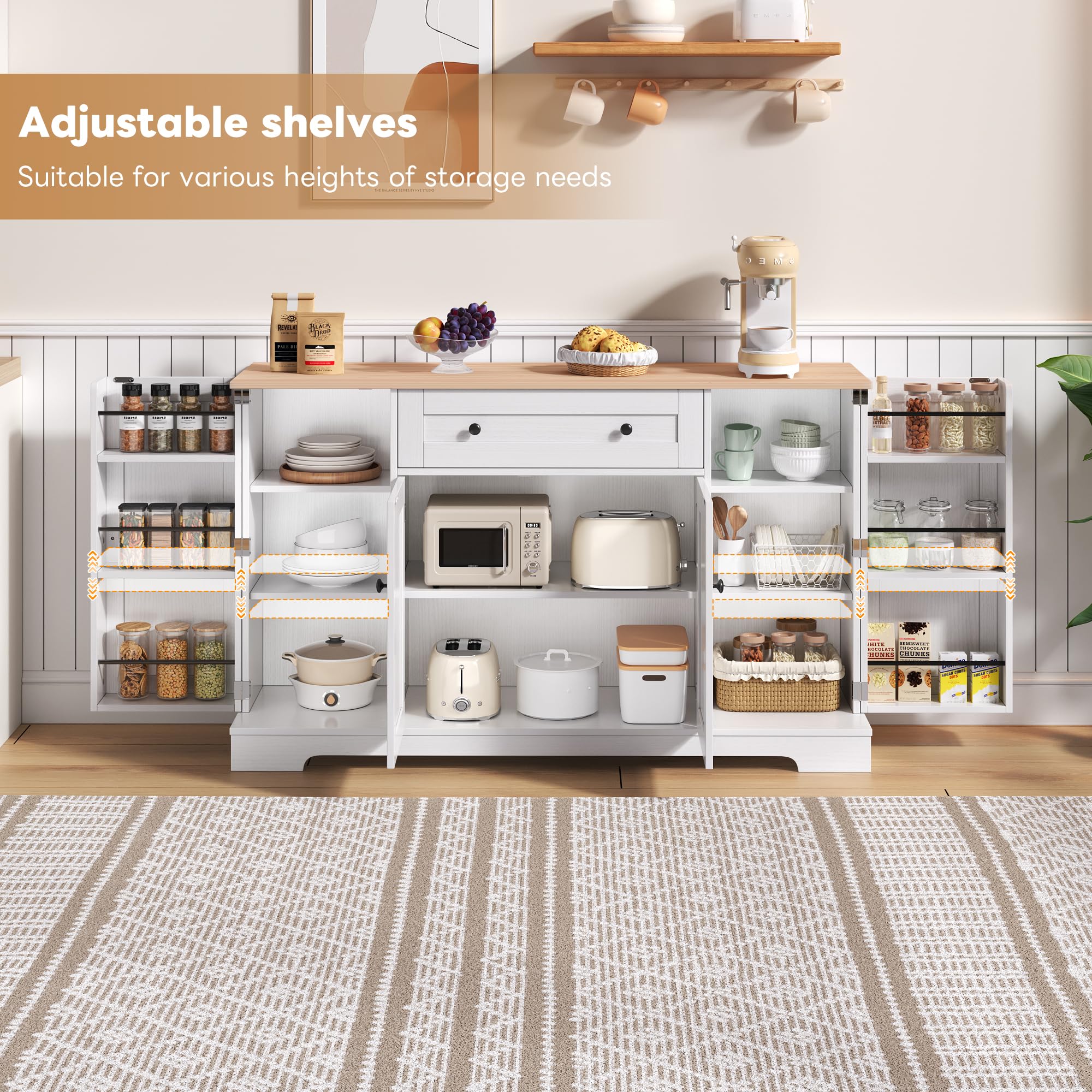 Credenza Cucina, Mobile da Cucina con 4 Ante e 1 Cassetti, Credenza da Sala da Pranzo con Ripiani Regolabili, Mobile Multiuso, Buffet Moderno per Soggiorno con Portaspezie, 138x40x85cm (Legno)