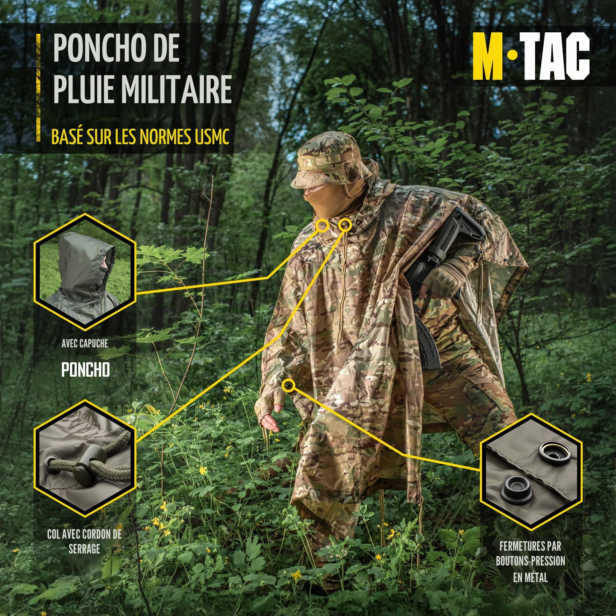 M-Tac Poncho de pluie tactique – Poncho militaire militaire – Imperméable Ripstop Camping Randonnée chasse en plein air Ponchos de pluie