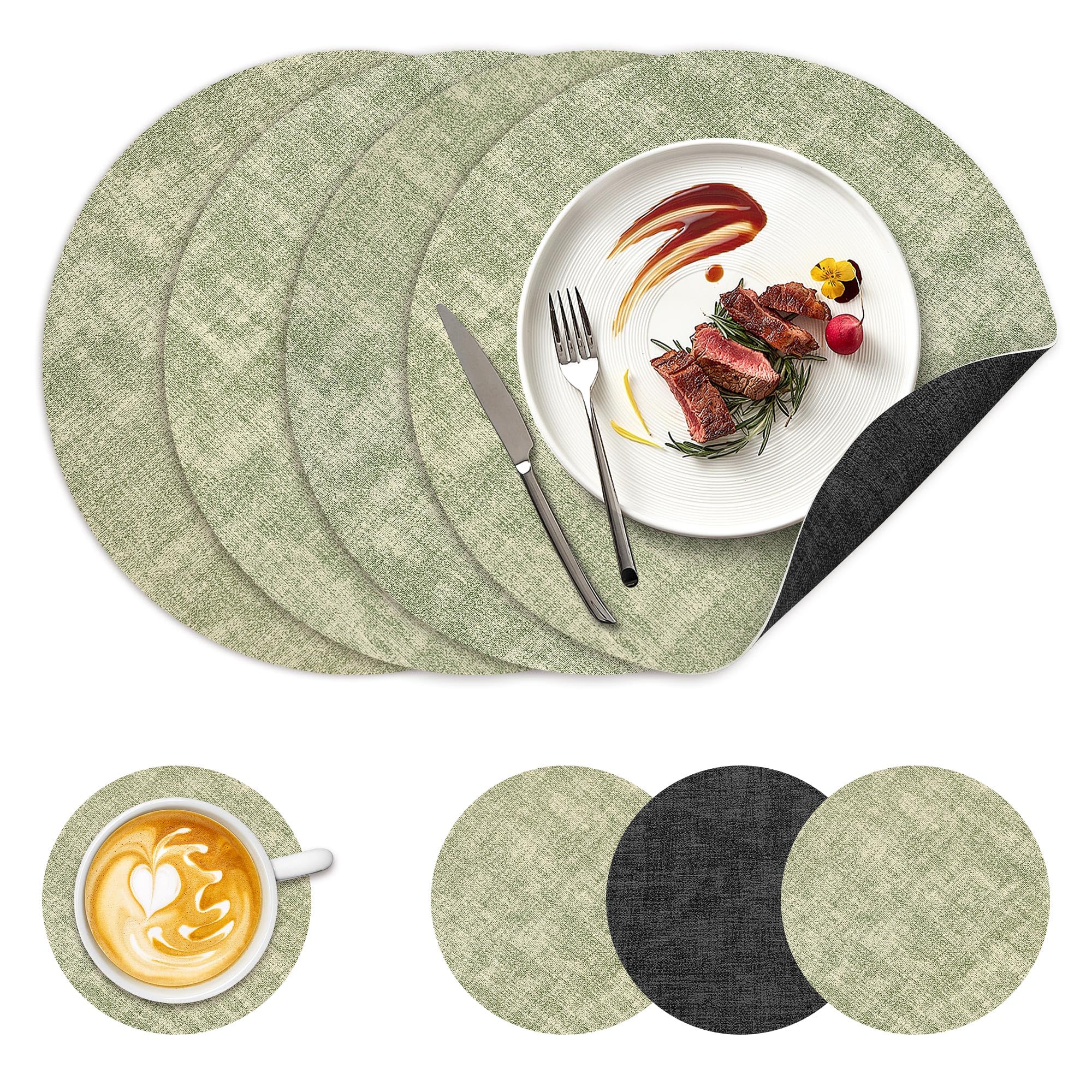 NCUE 13" Faux Leather Round Placemats Set of 4, Reversible Dual-Color