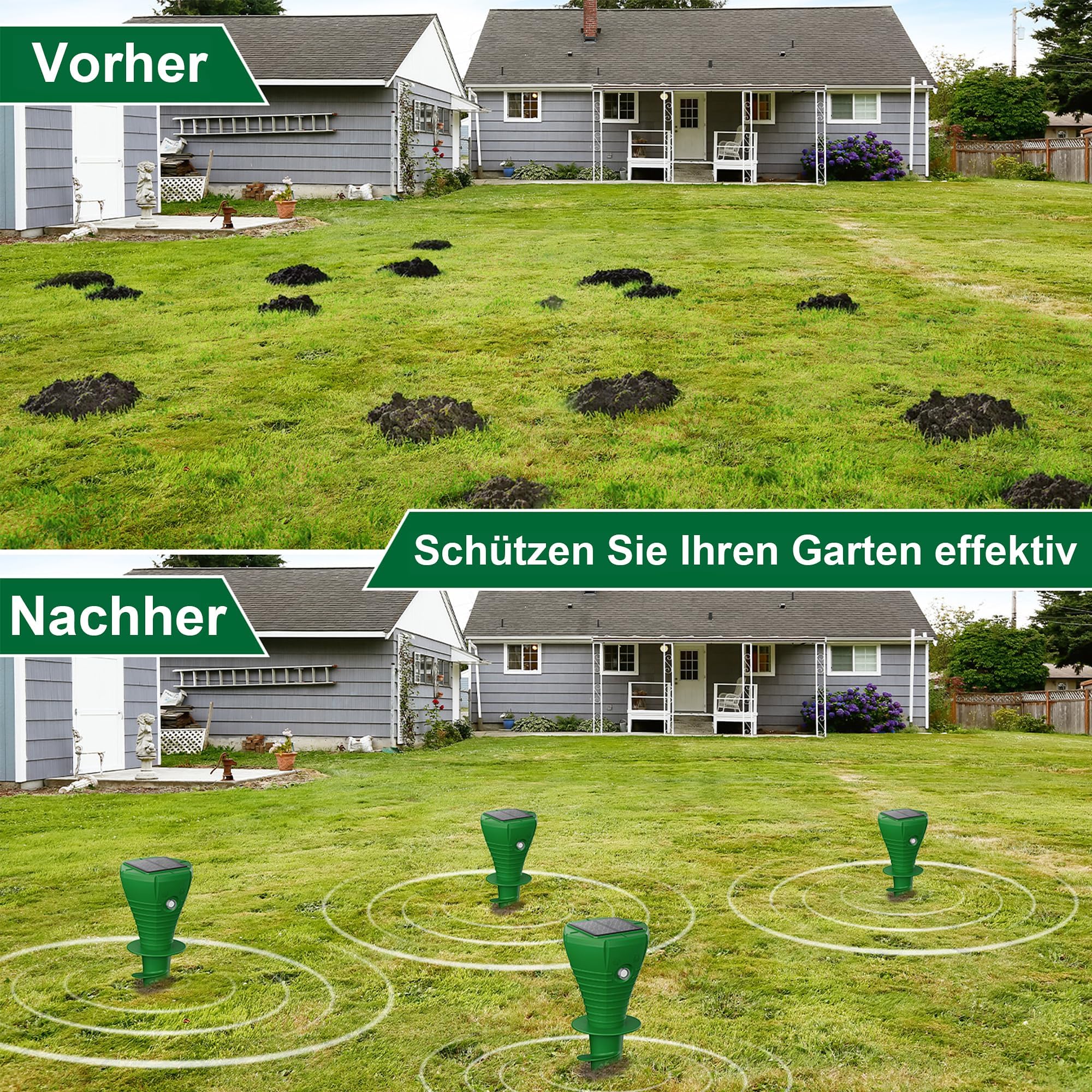 4 Stück Solar Maulwurf Vertreiber, Ultraschall Wühlmaus Vertreiben Testsieger, IP65 Wasserdicht Wühlmausschreck, Haustierfreundlich gegen Maulwürfe, Wühlmäuse & Gartennagetiere