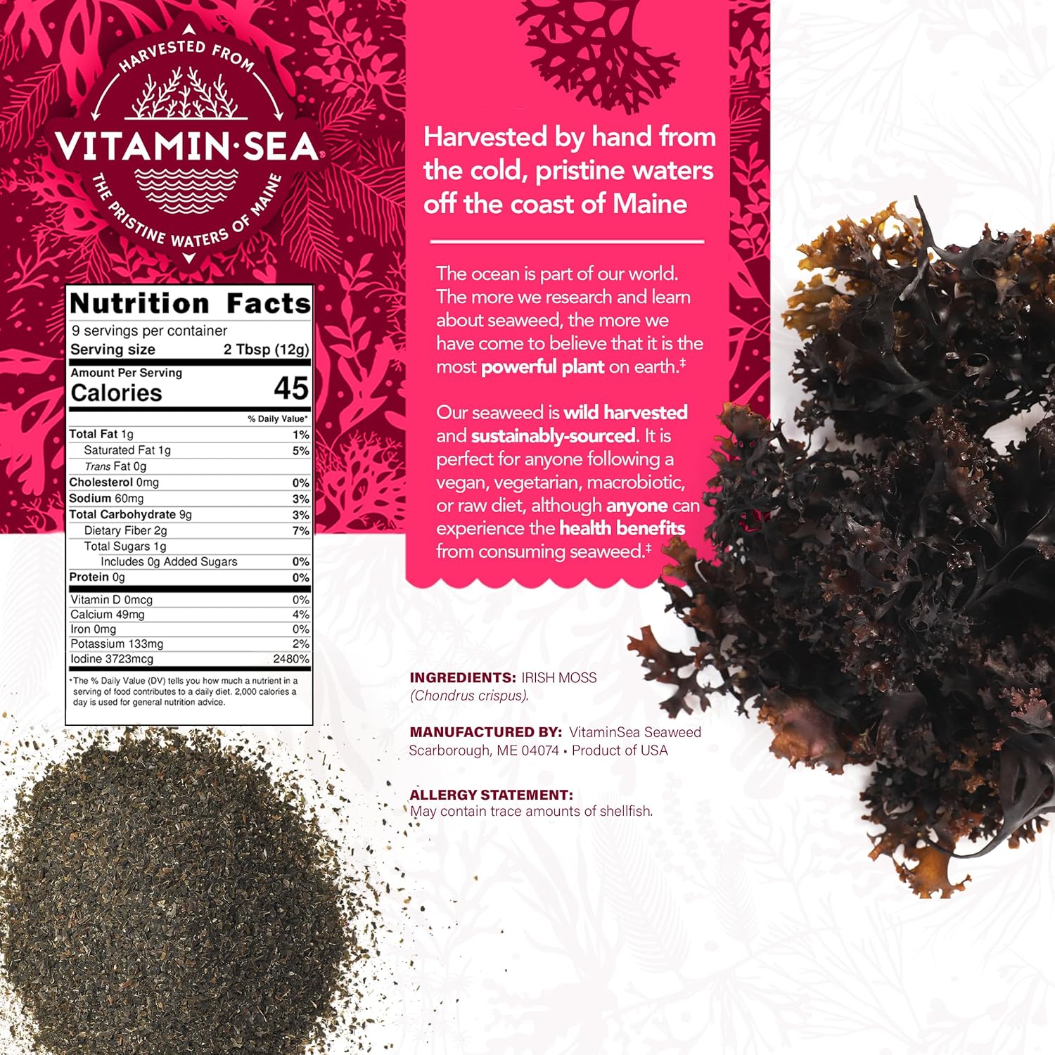 VITAMINSEA Irish Sea Moss Dried Seaweed | Wild North Atlantic Seaweed for Snacking, Seasoning, Soups & Salads | Rich in Vitamins, Minerals & Antioxidants Perfect for Thyroid Support | Flakes (4 OZ)