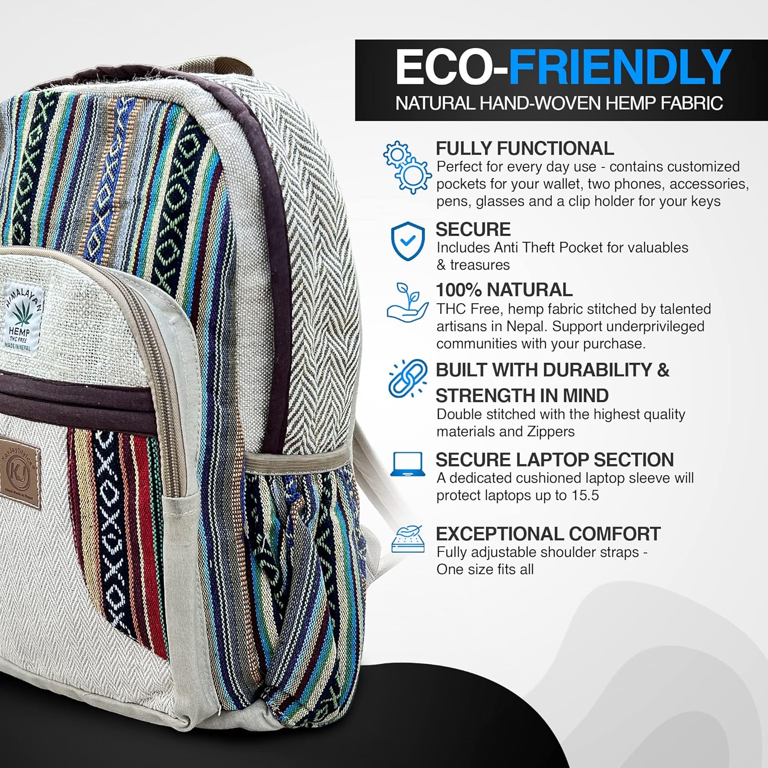 Natural Handmade Large Multi Pocket Hemp Nepal Backpack - Image 4