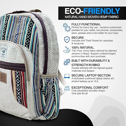 Miniatura 4 de Mochila Nepal de cáñamo grande hecha a mano natural con múltiples bolsillos