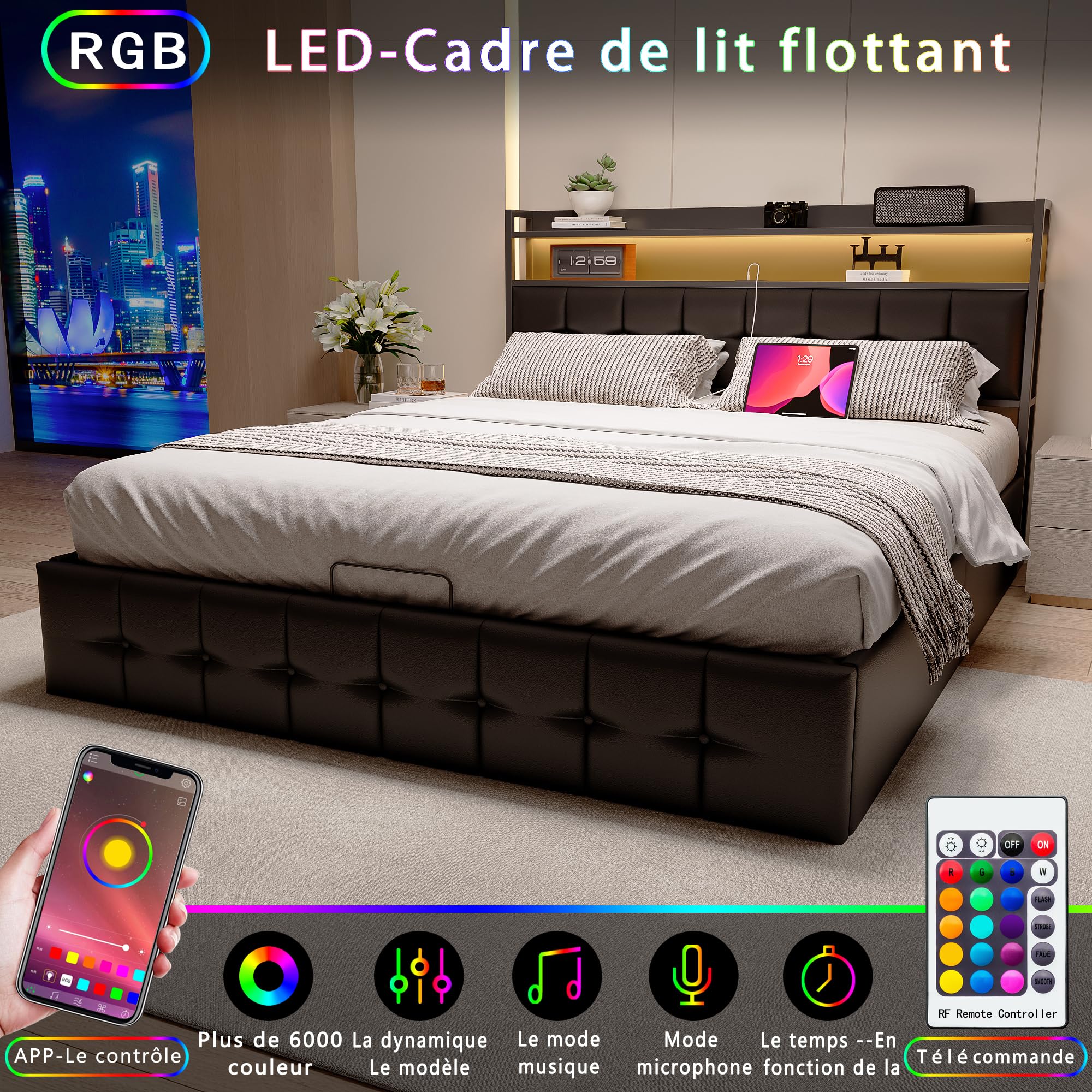 Podwójne łóżko tapicerowane 140 x 190 cm, podwójne łóżko z schowkiem, funkcjonalne łóżko z zagłówkiem, kufer ze światłami LED i portem USB, zagłówek z półką do przechowywania, czarny PU