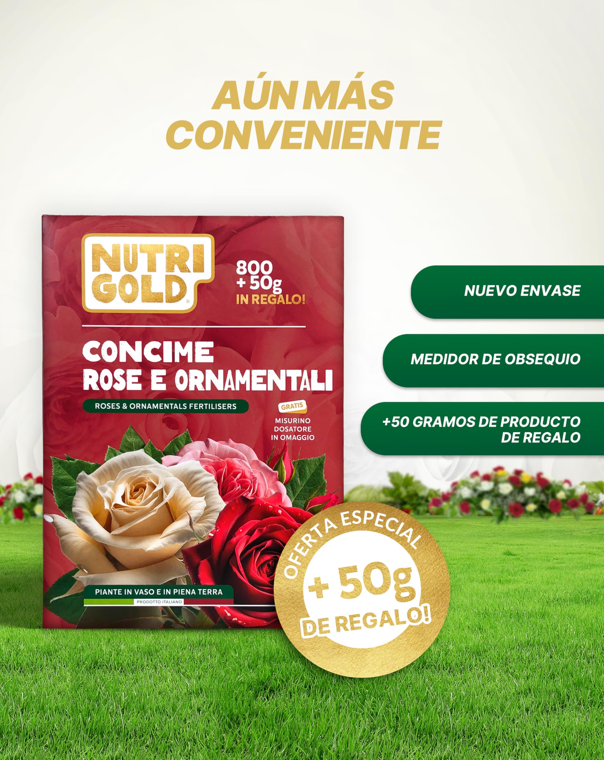 NutriGold® fertilizante Rosas y Flores | Abono para Rosas, Flores y Plantas Floridas - Estimula Floraciones Ricas e Intensas - 100% Natural Km0 - Sólido 800g + 50g Gratis
