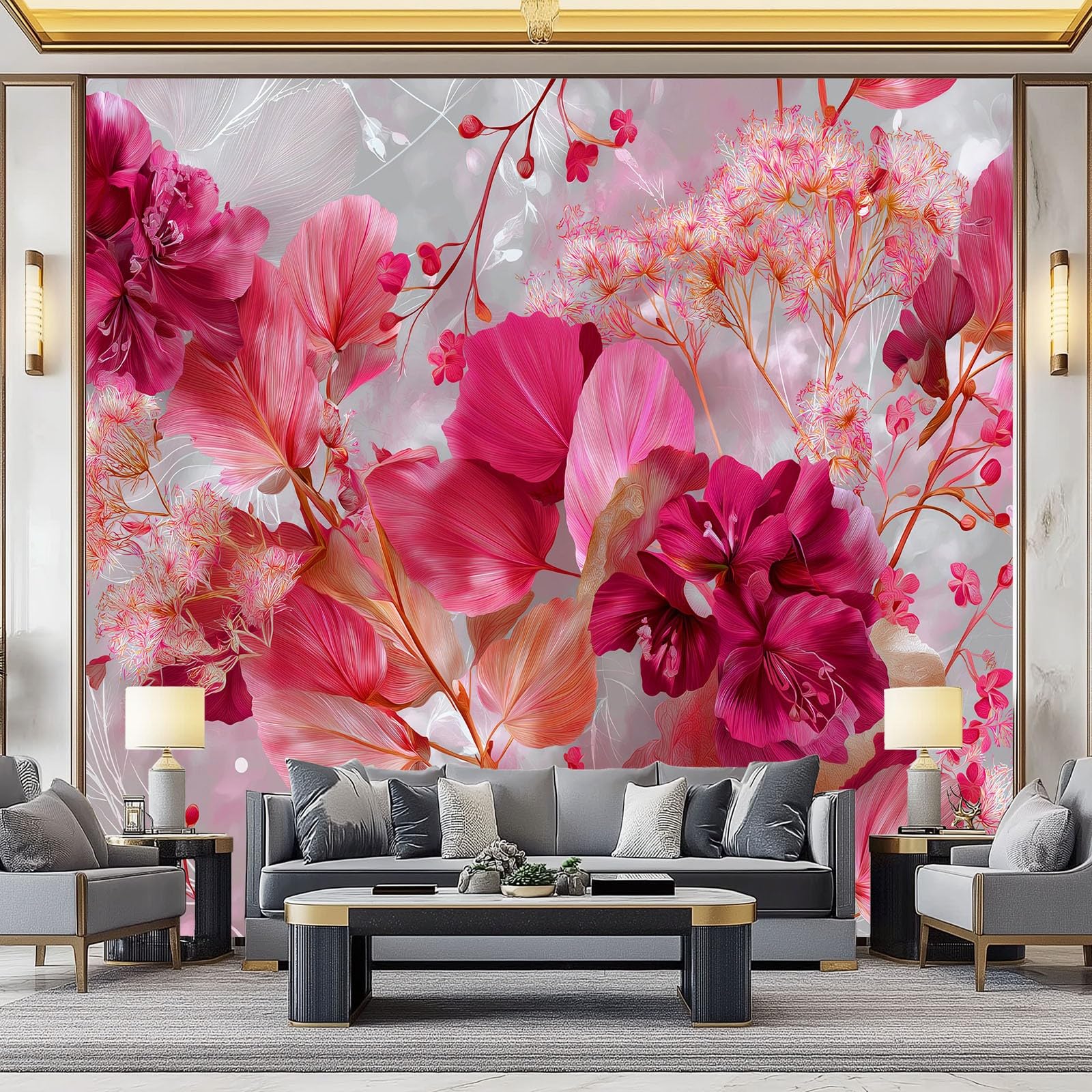 Panoramiczna tapeta w stylu boho (Boho) romantyczna bujne kwiaty liście ciemnoróżowa 200 x 140 cm - nowoczesny gobelin ścienny z włókniny do salonu, sypialni lub pokoju dziecięcego