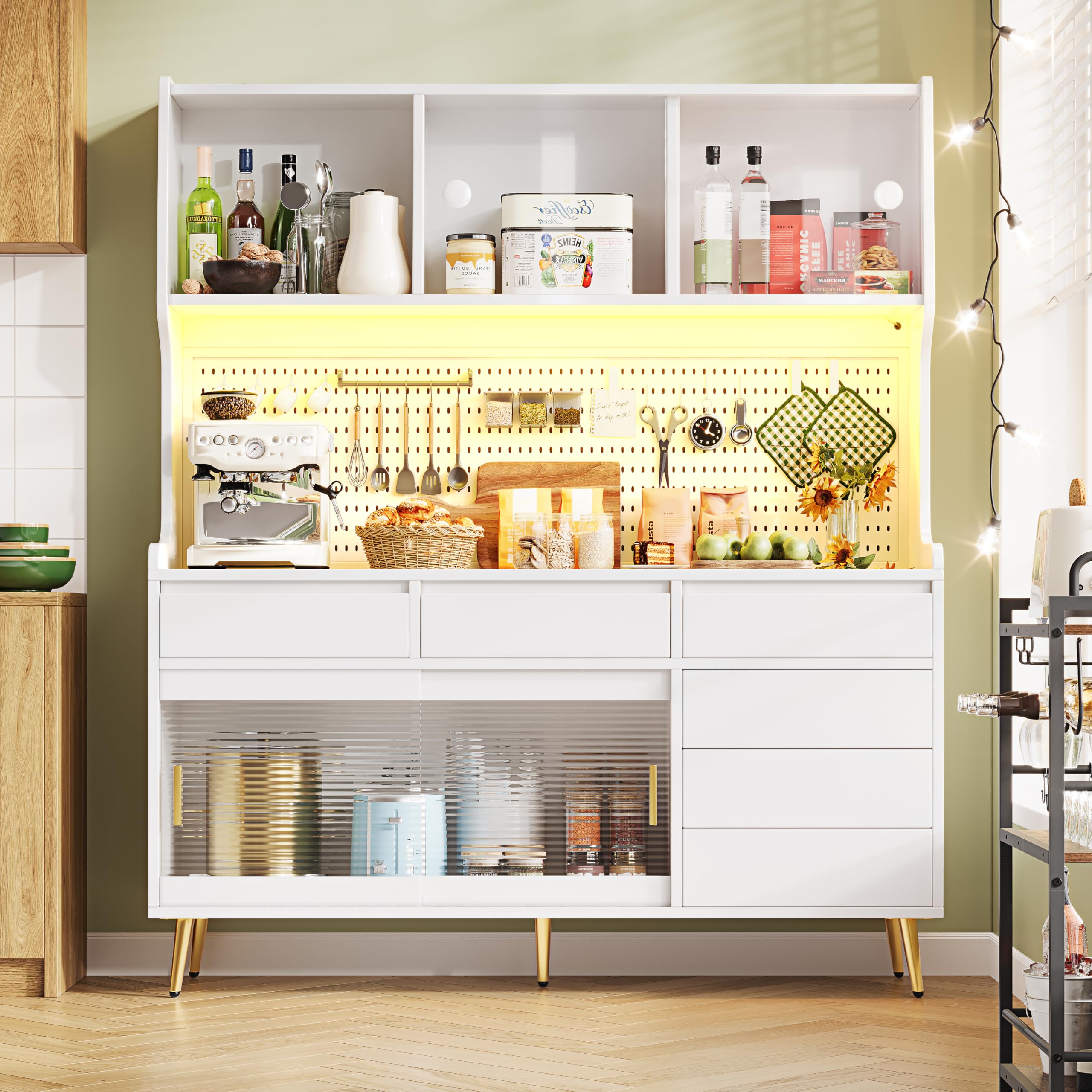Mobile alto moderno, 145 x 39 x 171 cm, bianco, con armadio da cucina o armadio da sala da pranzo con cassetto, credenza con ripiano con parete forata