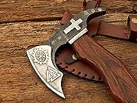 Vista 5 de Hacha de acero al carbono hecha a mano única personalizada Hacha funcional Hacha vikinga Mango pulido de madera rosa con funda de cuero