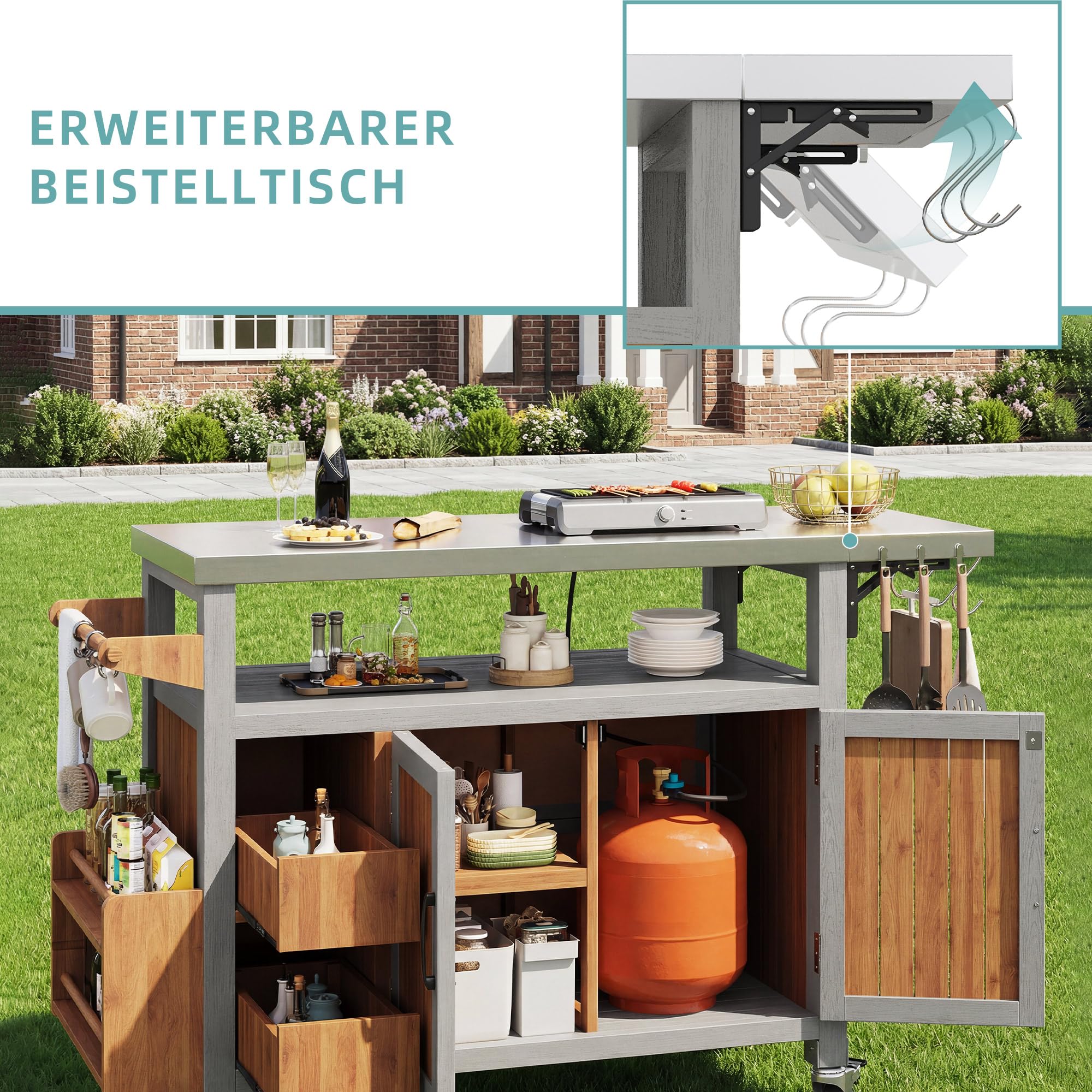 BBQ Beistelltisch, Beweglicher Gartenschrank, wetterfest, Arbeitsplatte aus Edelstahl, Grillwagen, Servierwagen mit ausziehbarer Seitenablage, 3 Haken, Regal für Snacks und Gewürze