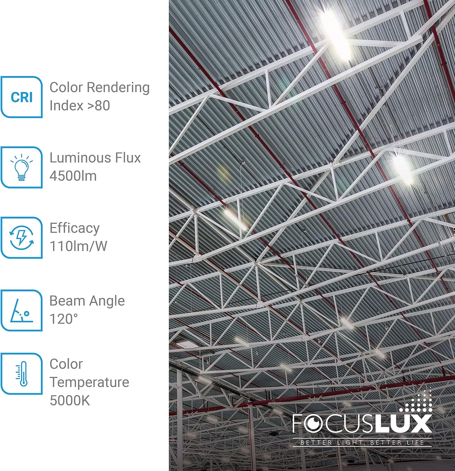 Focuslux Industrial LED Shop Light, 4 FT, Linkable Integrated Fixture, 40W=260W, 5000K Daylight, 4500 LM, Surface + Suspension Mount, Pull Chain, Utility Light, Garage- UL (1 Pack)