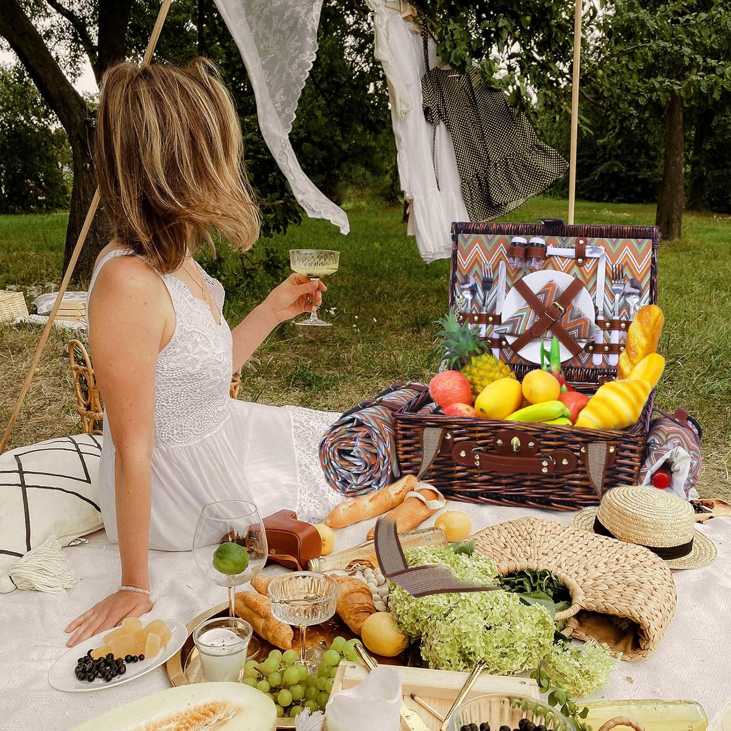 Neti Neti Wicker Picnic Basket for 2 Boho with Insulated Cooler & Waterproof Blanket – Large Willow Picnic Hamper for Outdoor, Camping, Beach, Romantic Dates, Valentine’s Day - Image 5