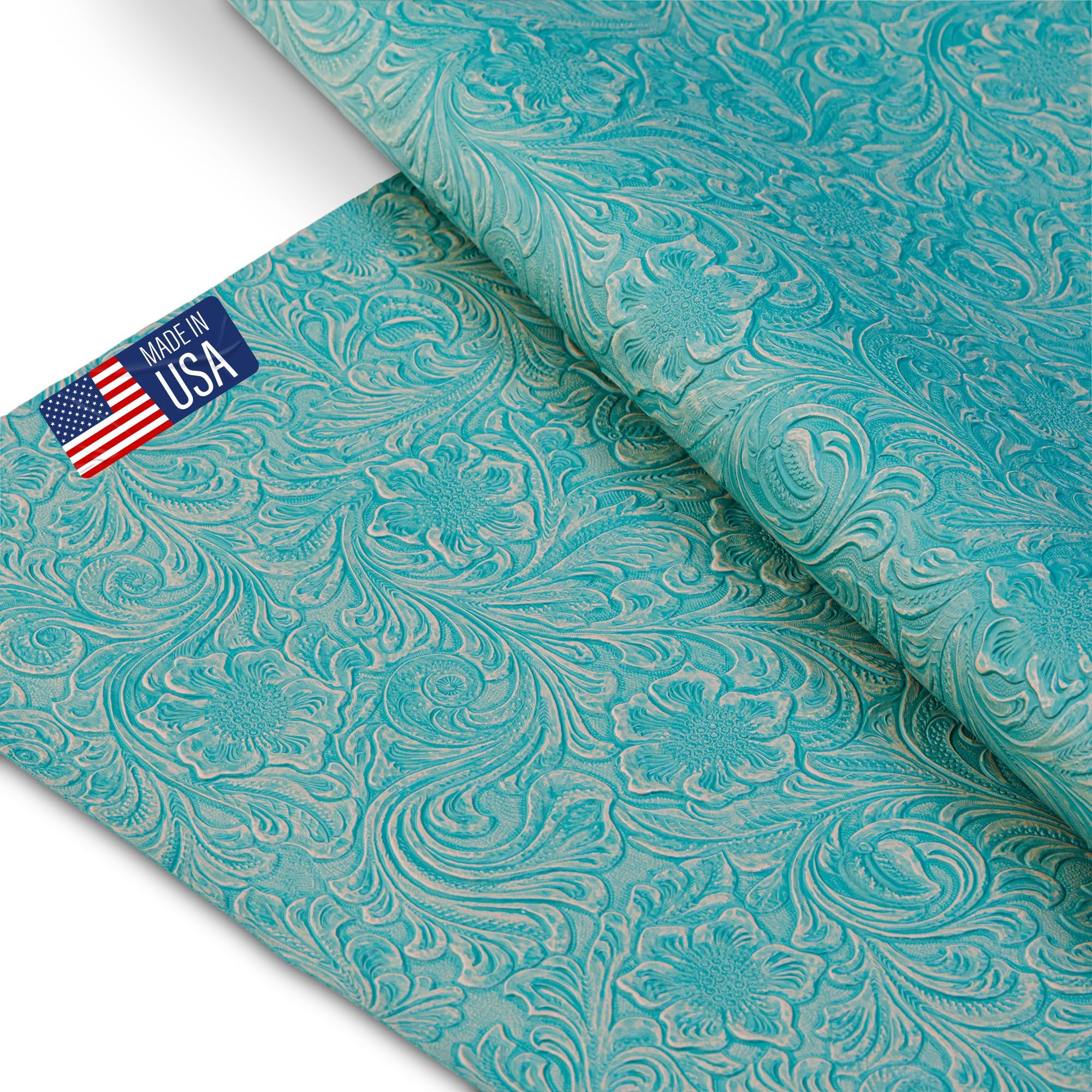 Tooled Faux Leather Western Cowboy, Floral Embossed Vinyl, Craft DIY and Upholstery Pleather Fabric - by The Yard (Turquoise)