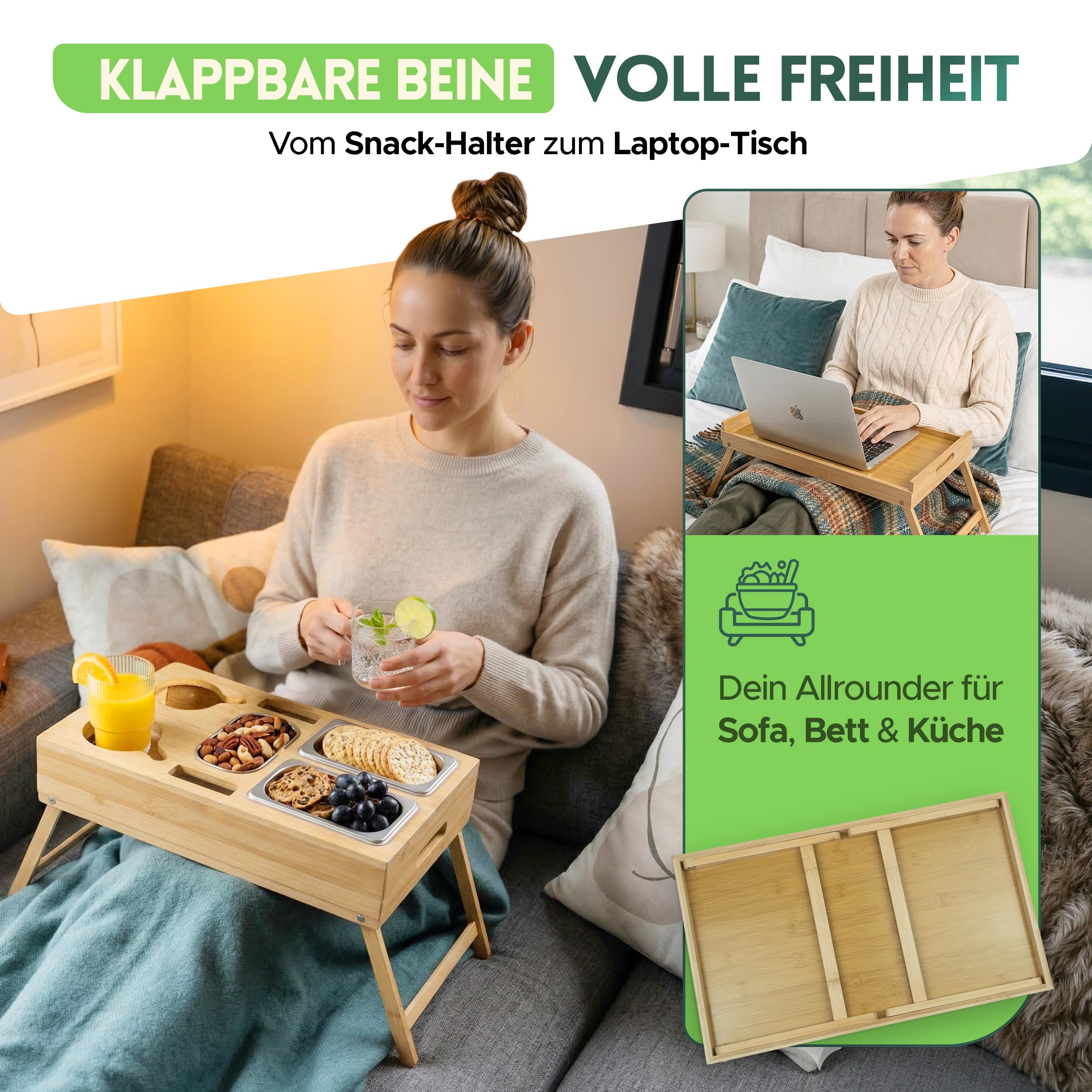 naturlik 3-in-1 Couchbar Snackbox mit klappbaren Beinen – XL Serviertablett, Betttablett und Laptop-Tisch – 3 Edelstahl-Schalen & Getränkehalter – Bambus Sofatablett & Couch Butler Holz 46x27,5cm