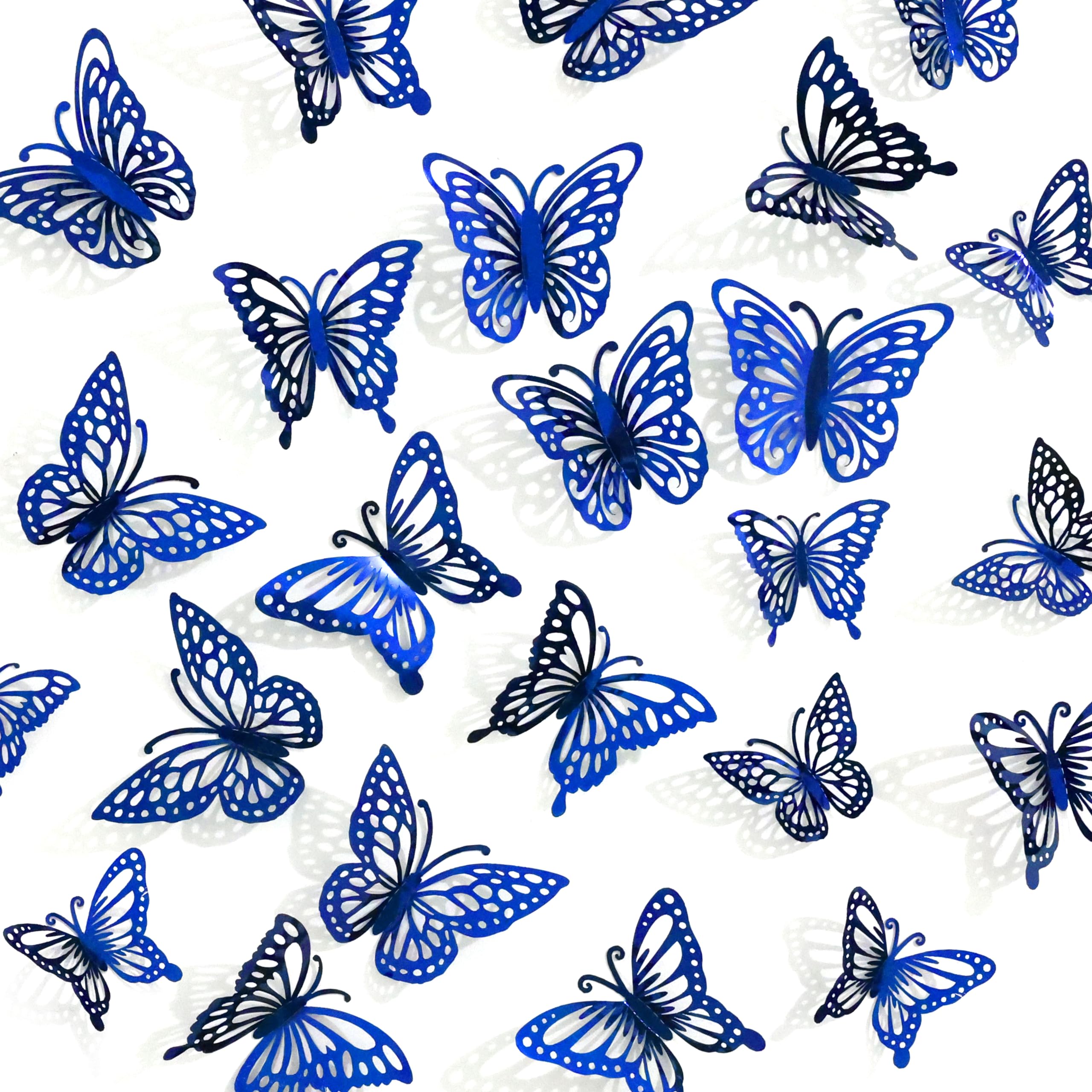 3D Mirror Metallic Butterfly Wall Decor, Dark Blue, 48Pcs 4 Styles 3 Sizes, Removable Stickers Wall Decor Room Mural for Party Cake Decoration Kids Bedroom Nursery Classroom Wedding Decor DIY