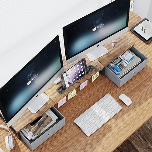 Miniatura 2 de Soporte elevador de monitor doble con 2 cajones, 39 pulgadas de almacenamiento grande para monitor de computadora para 2 monitores, organizador de