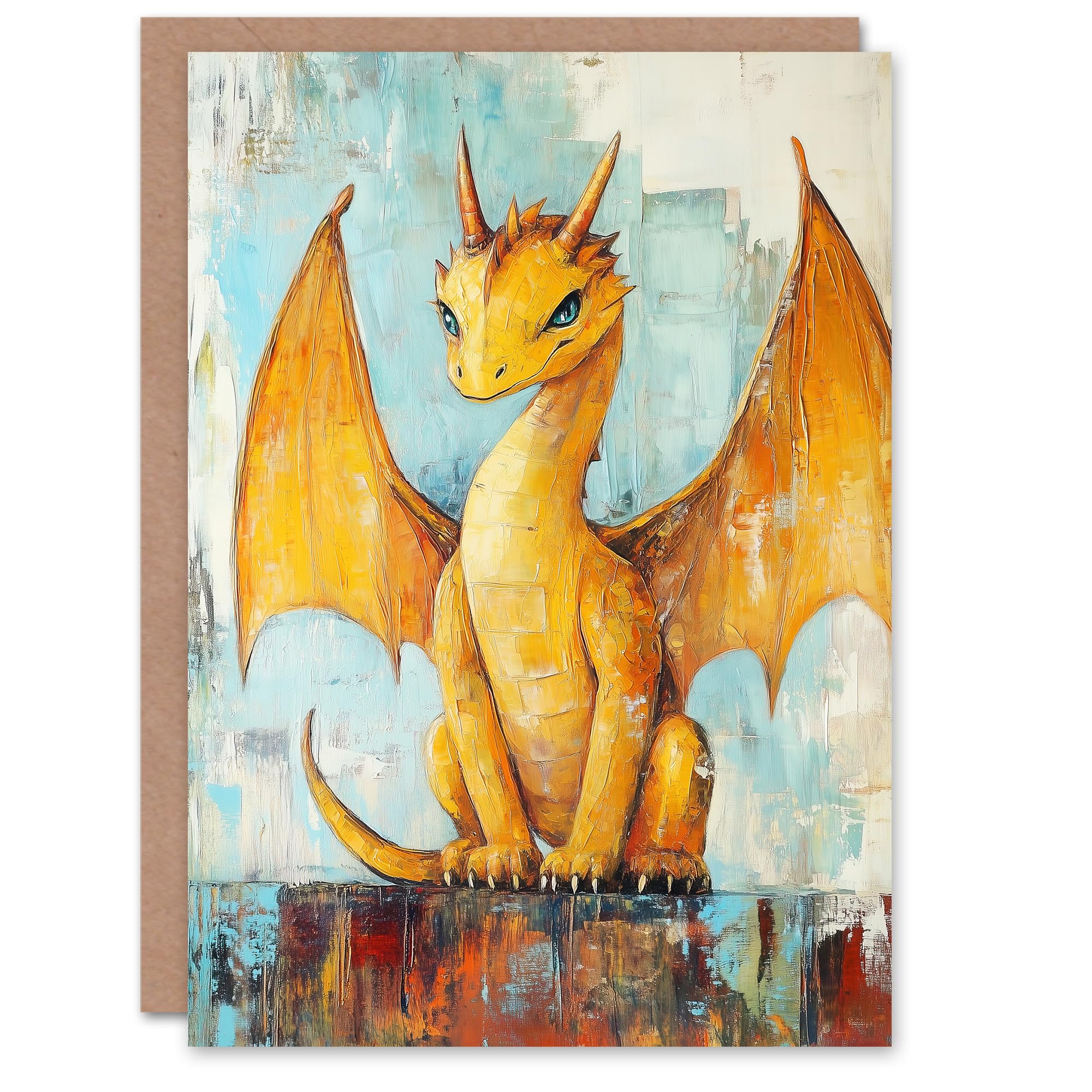 Artery8 Greeting Card Cute Yellow Dragon with Big Wings Oil Painting Blank For Him Or Her Art Birthday Card
