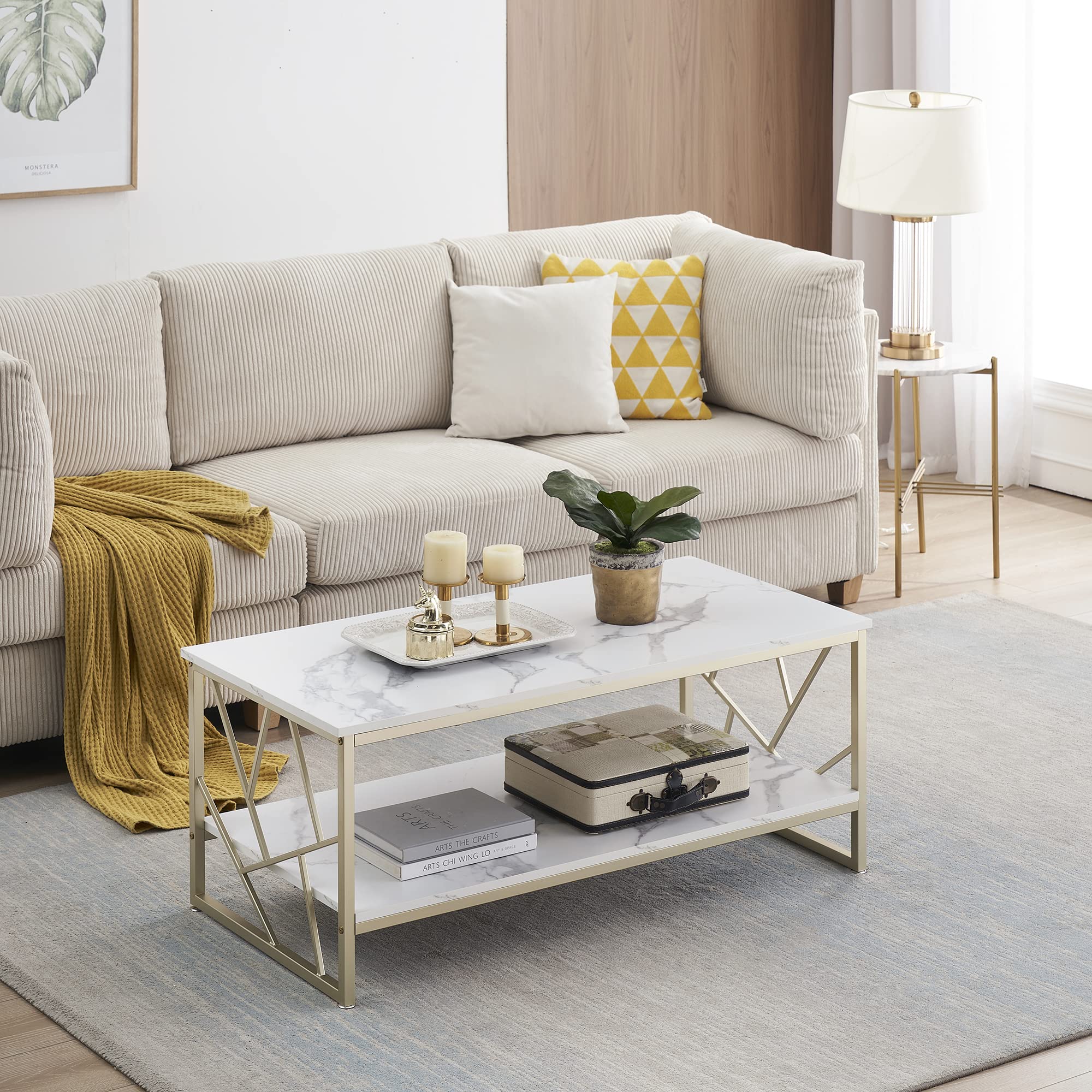 Tavolino da Salotto Bianco cornice dorata, Tavolino Salotto Moderno, Coffee Table in marmo effetto texture, Tavolo Salotto Moderno Rettangolare
