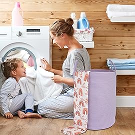 XUANGUO Cotton Rope Laundry Basket Hamper for Clothes Woven Storage Basket for Living Room Bedroom Boho Tall Rope Baskets for Blanket Toys Pillow Towels Baby Nursery Hamper Bin Large purple