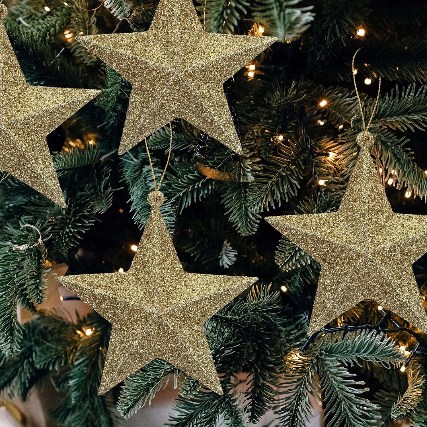 HEMOTON Christmas Tree Glitter Star Hanging Ornaments DIY Gold Foam Stars 12pcs Set Holiday Party Supplies Festive Tree Decorations