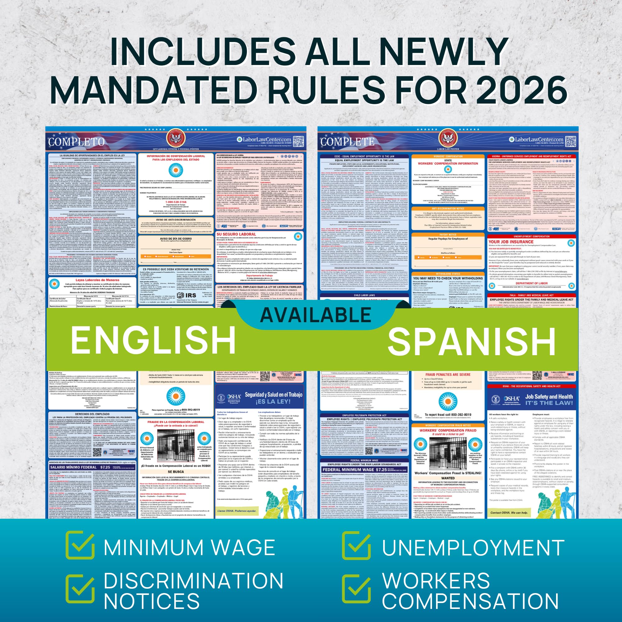 2019 Texas Labor Law Póster – Estado, Federal, OSHA Compliant – Laminado obligatorio todo en uno Póster