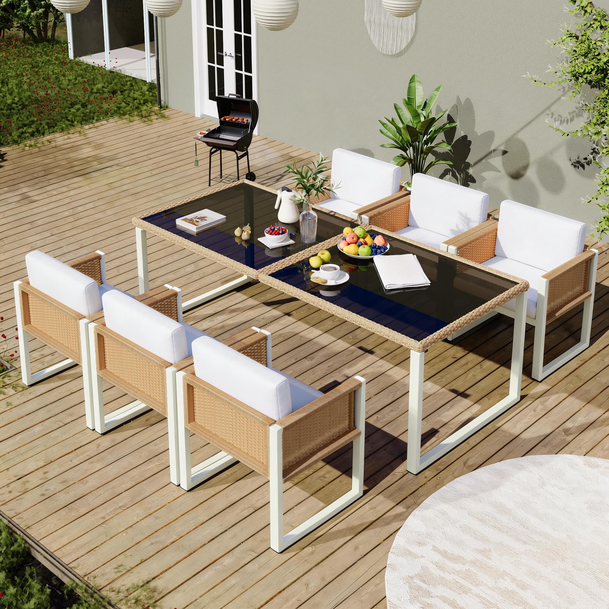 Gartenmöbel Sitzgruppe aus Rattan für 6 Personen, Marrón + Blanco