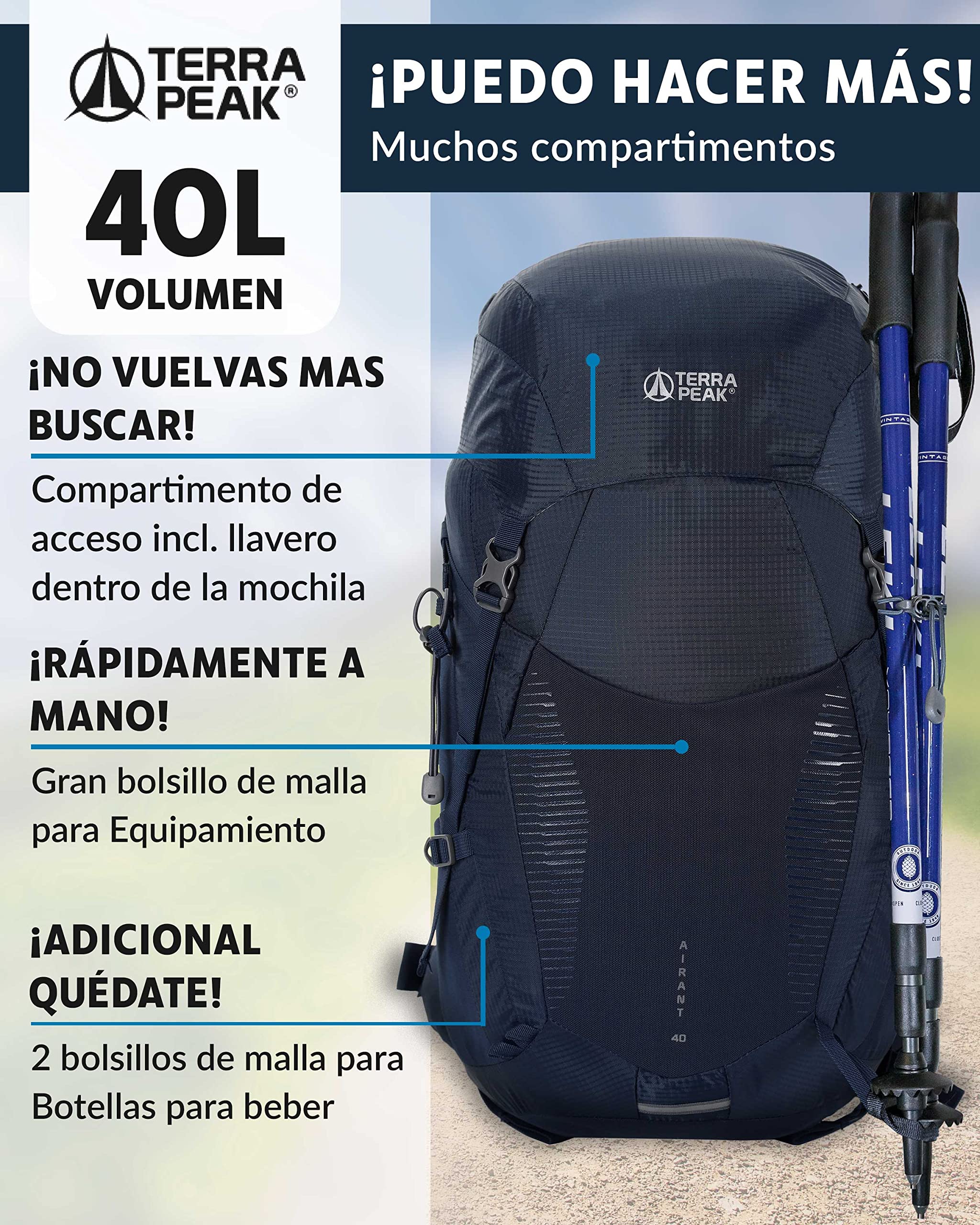 Terra Peak® Mochila de senderismo 20, 30, 40L para hombre y mujer (AIRANT) - Mochila de trekking, viaje y montañismo (ergonómica, impermeable) con ventilación en la espalda (transpirable)
