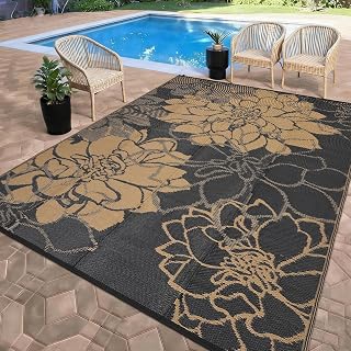 Garvee 9x12 Outdoor Rug Patio Waterproof Reversible Mat Flower Porch Rug with 4 Stakes and Starage Bag Portable Outdoor Plastic Straw Rugs for Camping Deck Rv Balcony Backyard Beach, Black&Brown