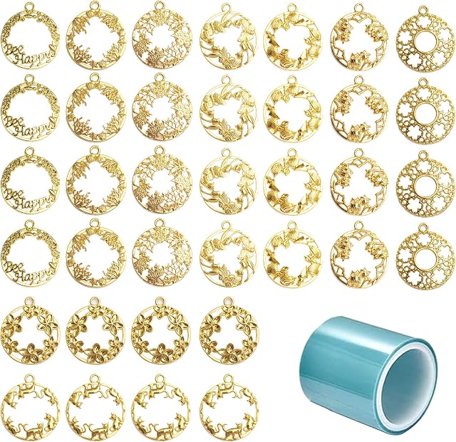 NA Allazone Open Bezel Charms, 28 PCS Flowers and Birds Open Bezels for Resin 8 Style Alloy Frame Pendants Hollow Resin Frames with Necklace for Resin Casting, Necklaces Earrings Making Supplies