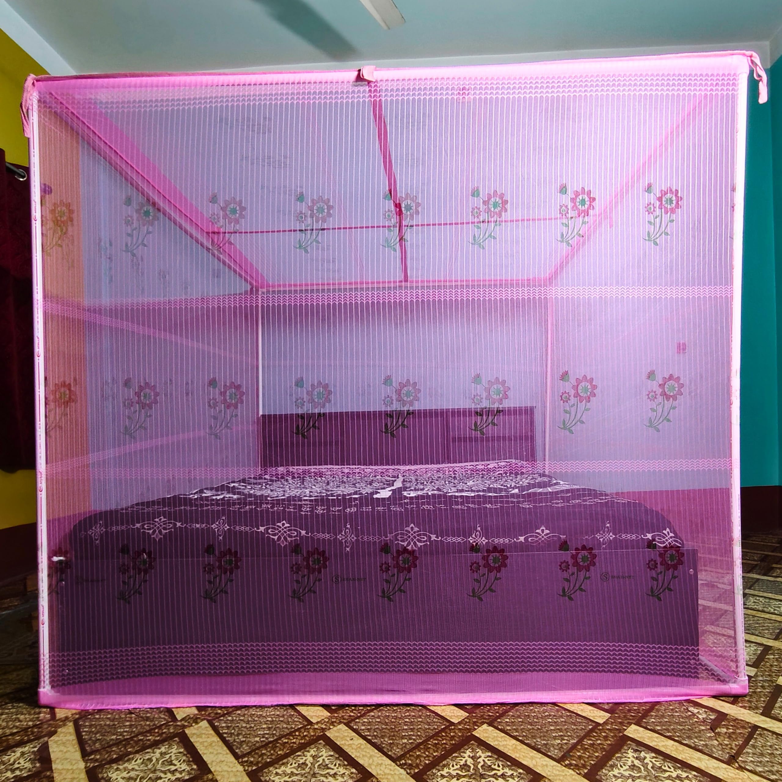 Bite-Free Mosquito Net for King Size Bed (6x7 Feet), Durable Cotton Mesh, Floral Print Machardani, Hassle-Free Installation, Perfect for Home Decor-image-24